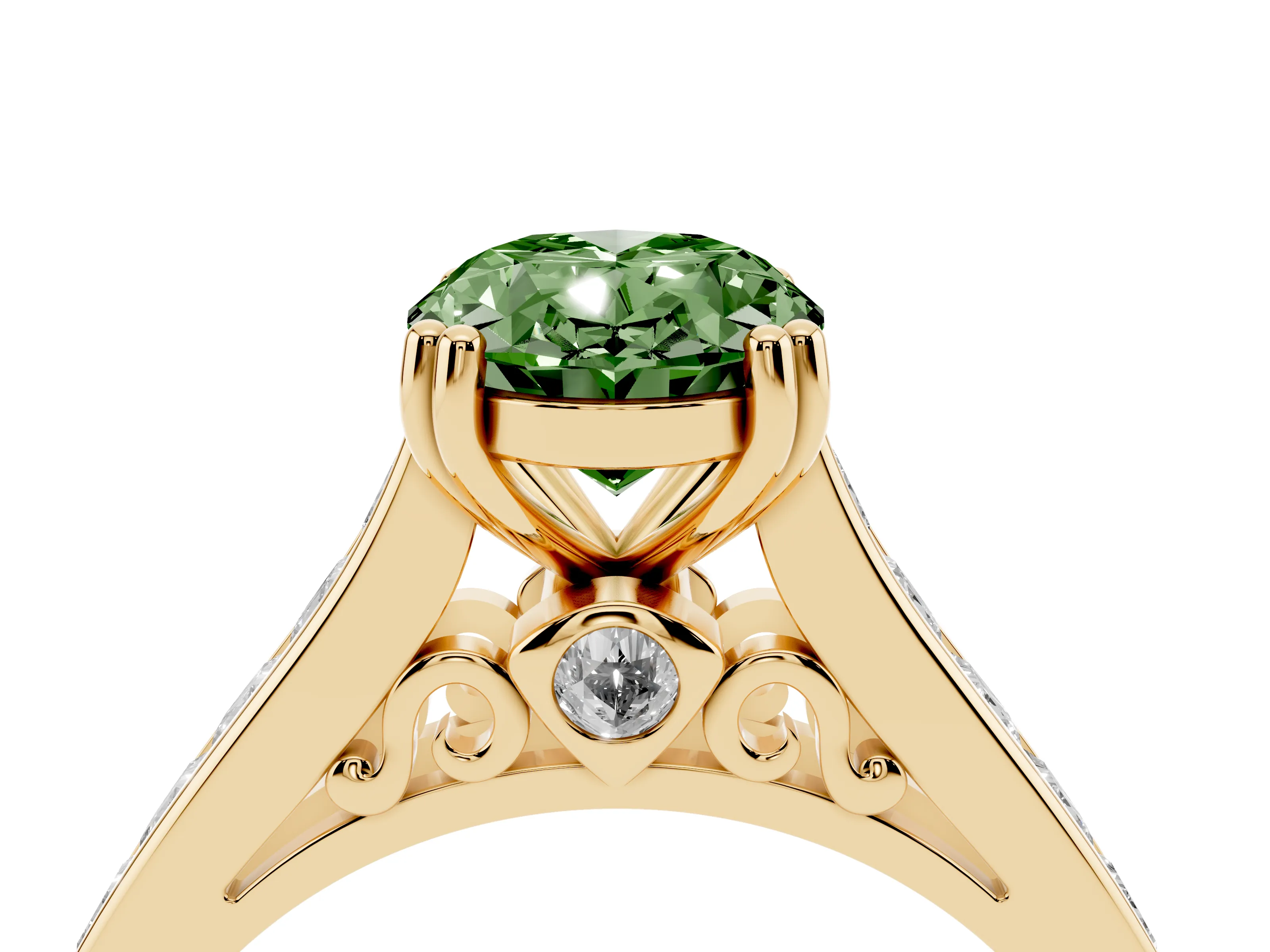 Fancy Green Oval Cut Diamond Channel Set Solitaire Engagement Ring Set in Yellow gold with Prong Setting
