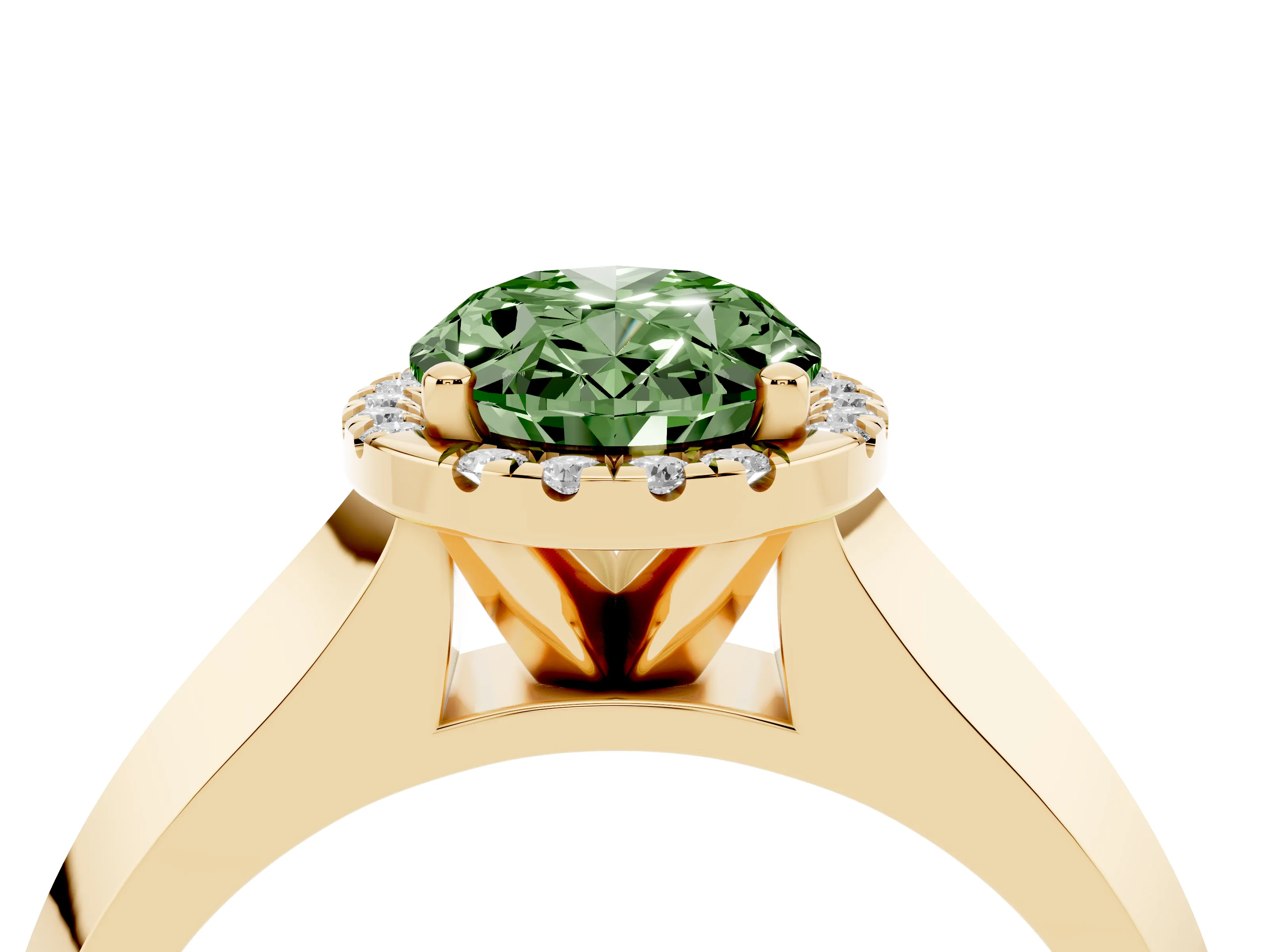 Fancy Green Oval Cut Diamond Halo Ring Set in Yellow gold with Cathedral Band and Prong Setting