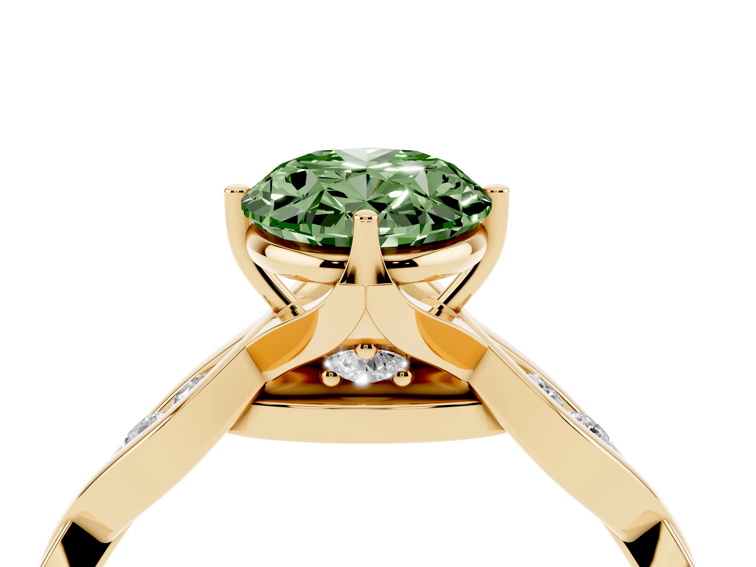 Fancy Green Oval Cut Diamond Twist Band Solitaire Ring Set in Yellow gold with Leaf Prong Setting and Accent Stones