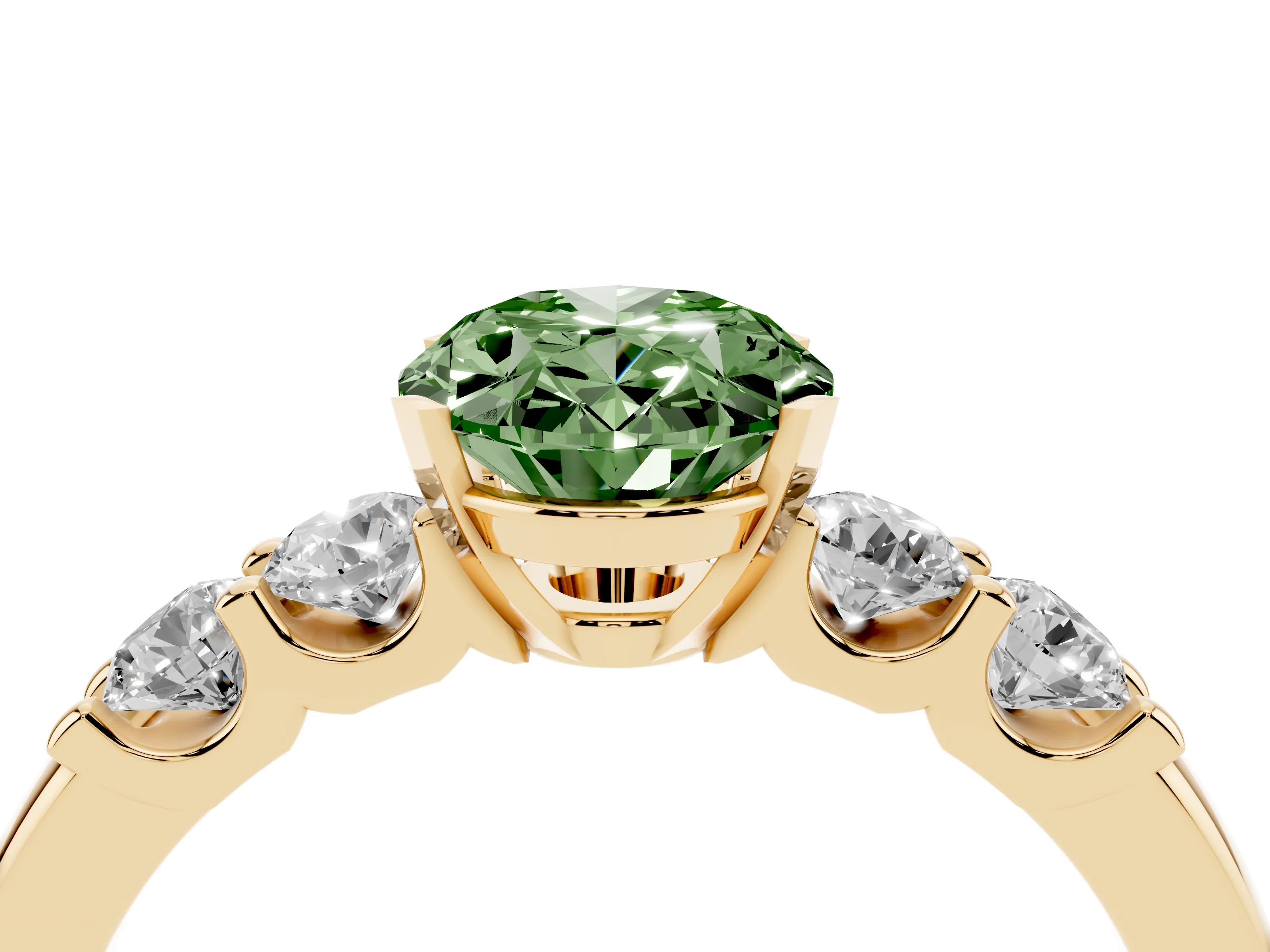 Fancy Green Oval Cut Diamond Five-Stone Prong Set Engagement Ring Set in Yellow gold with Channel Band