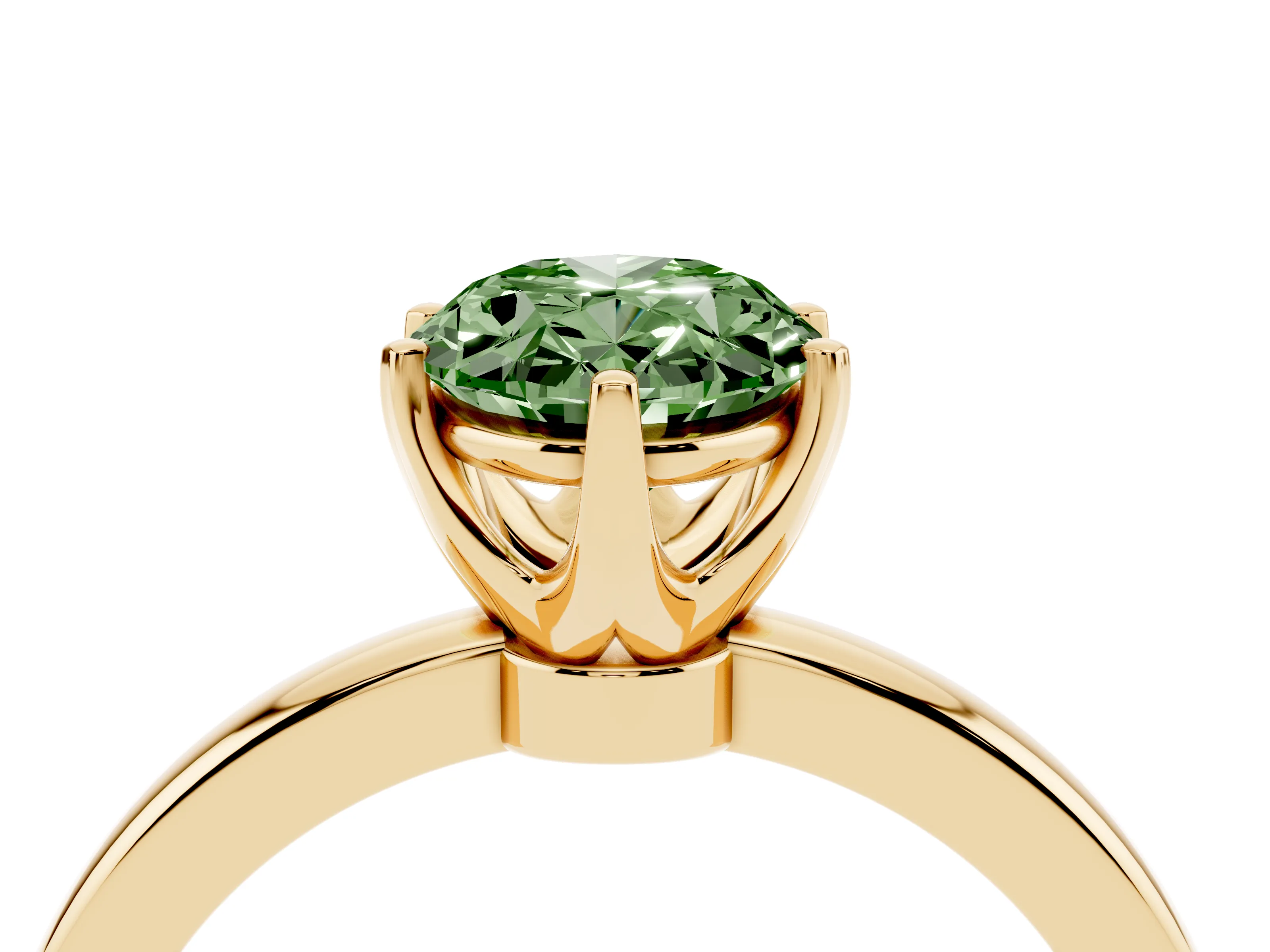 Fancy Green Oval Cut Diamond Solitaire Ring Set in Yellow gold with Raised Prong Setting on a Classic Band