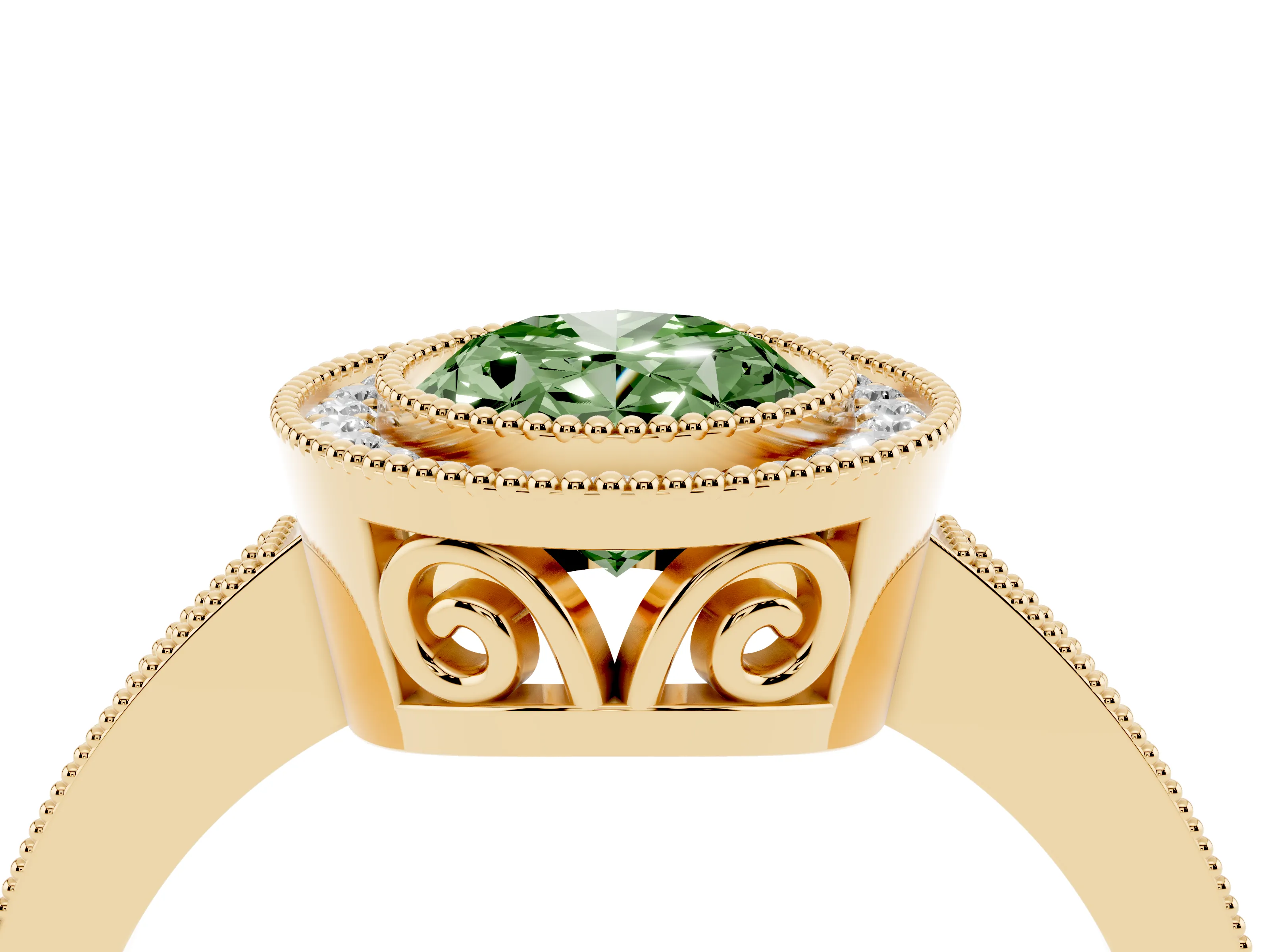 Fancy Green Oval Cut Diamond Halo Ring Set in Yellow gold with Pavé Band and Milgrain-Edged Prongs