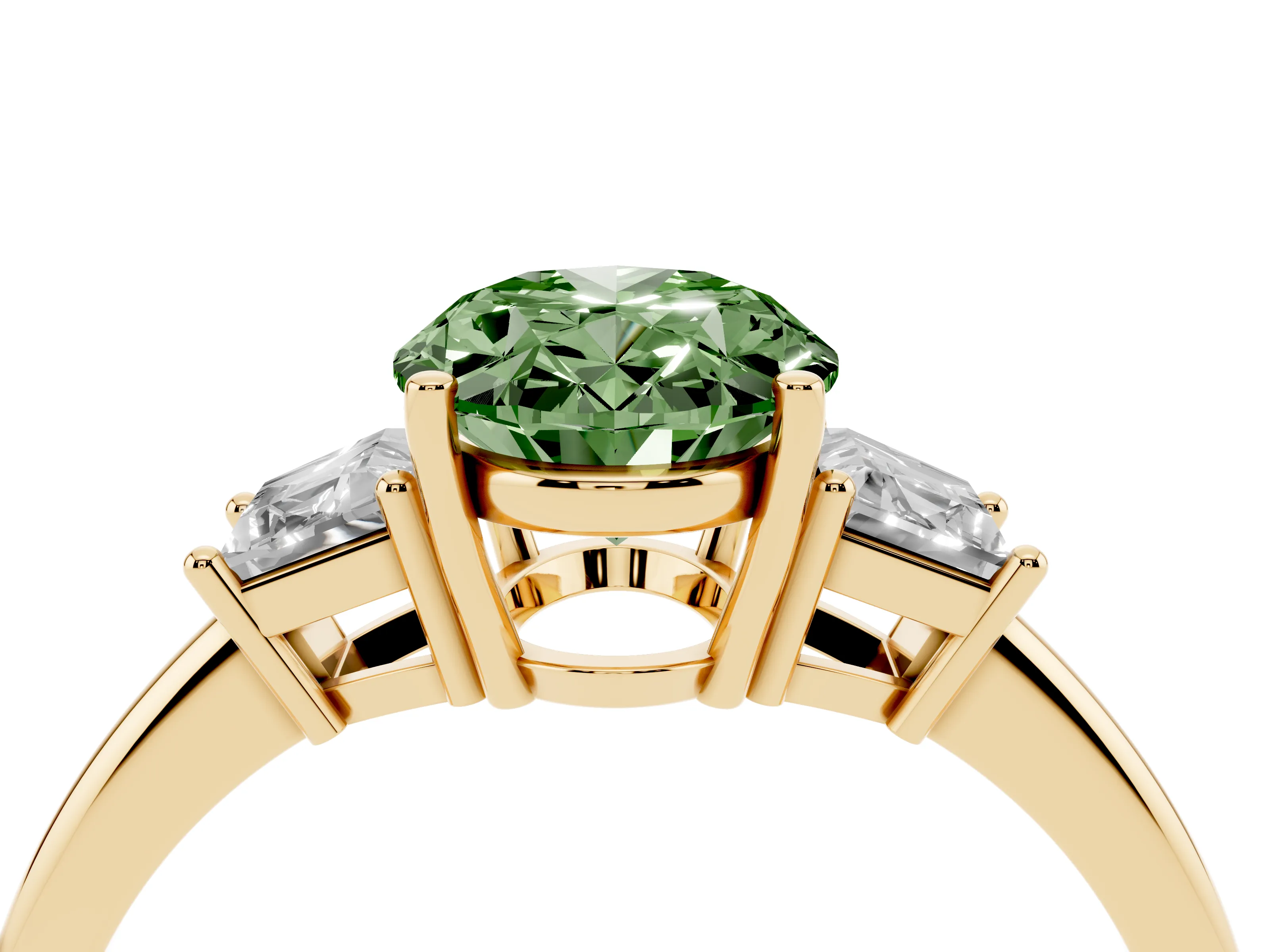 Fancy Green Oval Cut Diamond Three-Stone Ring Set in Yellow gold with Trapezoid Side Stones and Prong Setting