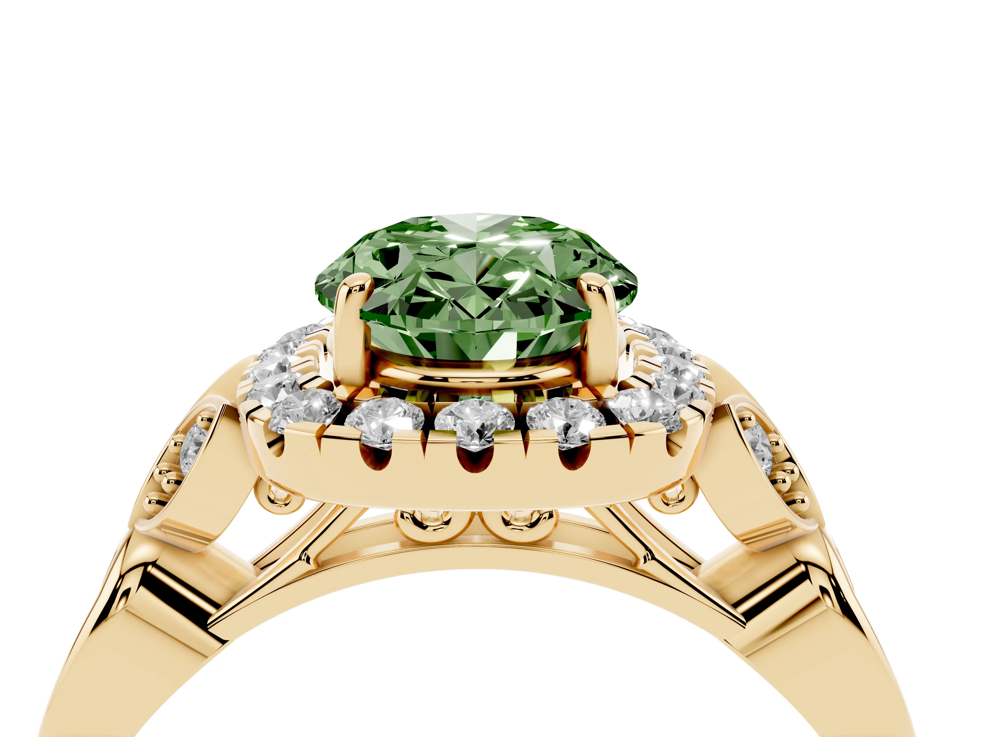 Fancy Green Oval Cut Diamond Halo Engagement Ring Set in Yellow gold with Vintage-Inspired Band and Prong Setting