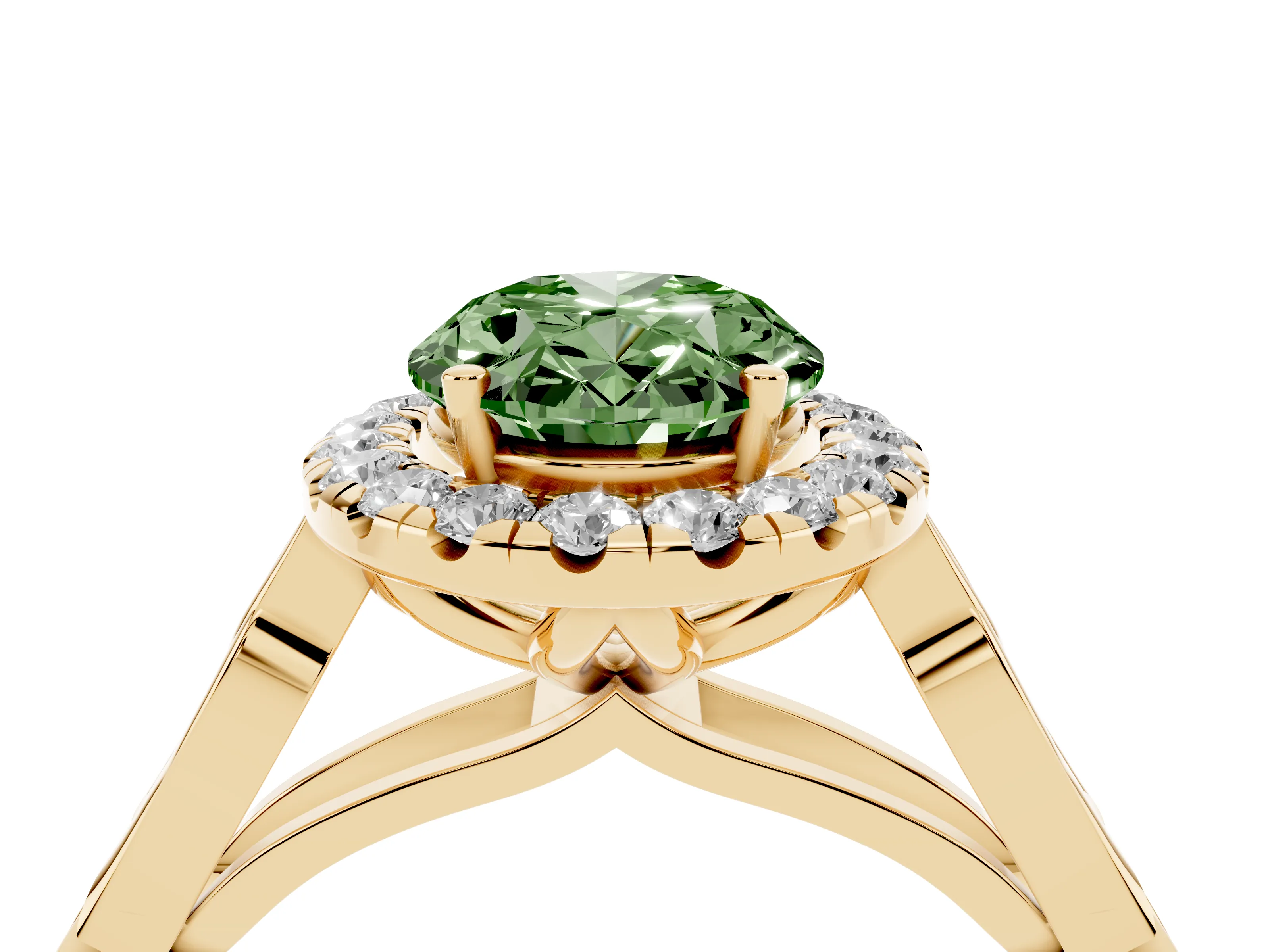 Fancy Green Oval Cut Diamond Halo Engagement Ring Set in Yellow gold with Filigree Band and Prong-Set Center