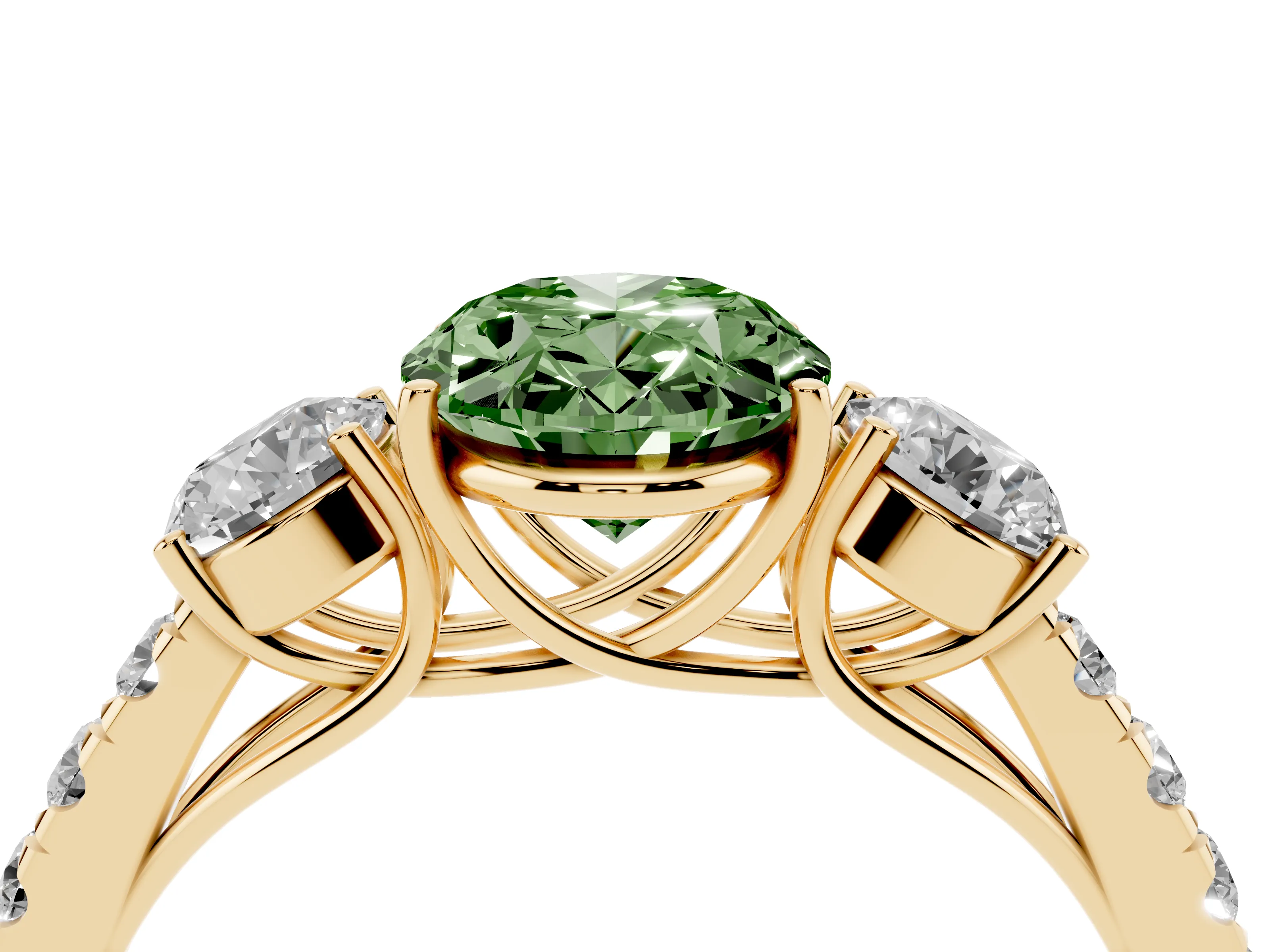 Fancy Green Oval Cut Diamond Three-Stone Ring Set in Yellow gold with Round Side Stones and Delicate Pavé Band