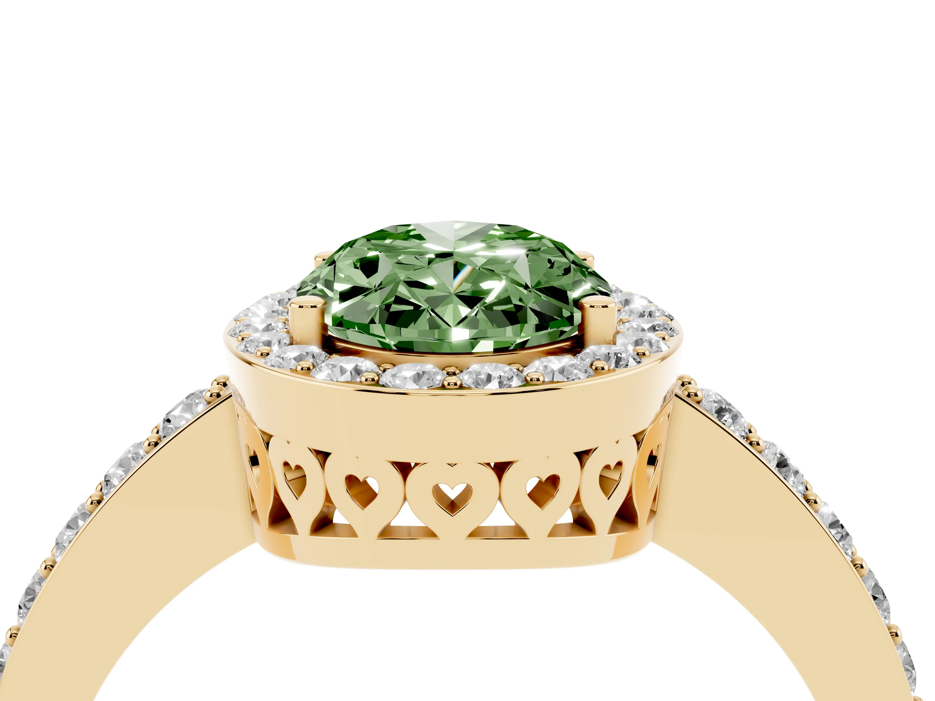Fancy Green Oval Cut Diamond Halo Ring Set in Yellow gold with Pavé-Setting Band and Open Prong Center