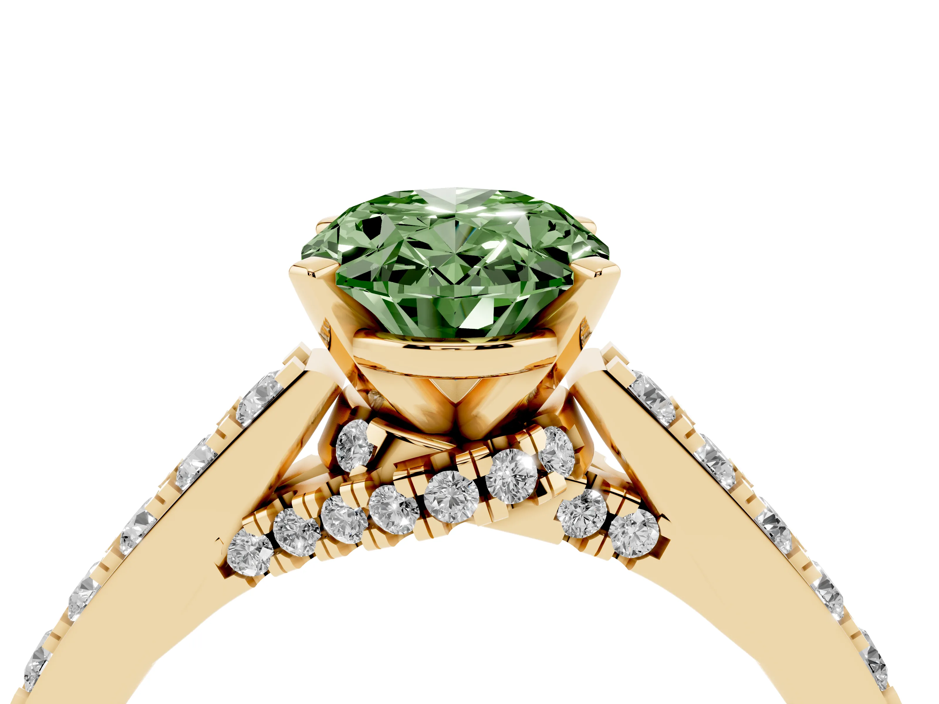 Fancy Green Oval Cut Diamond Solitaire Ring Set in Yellow gold with Crossover Gallery and Round Pavé Band