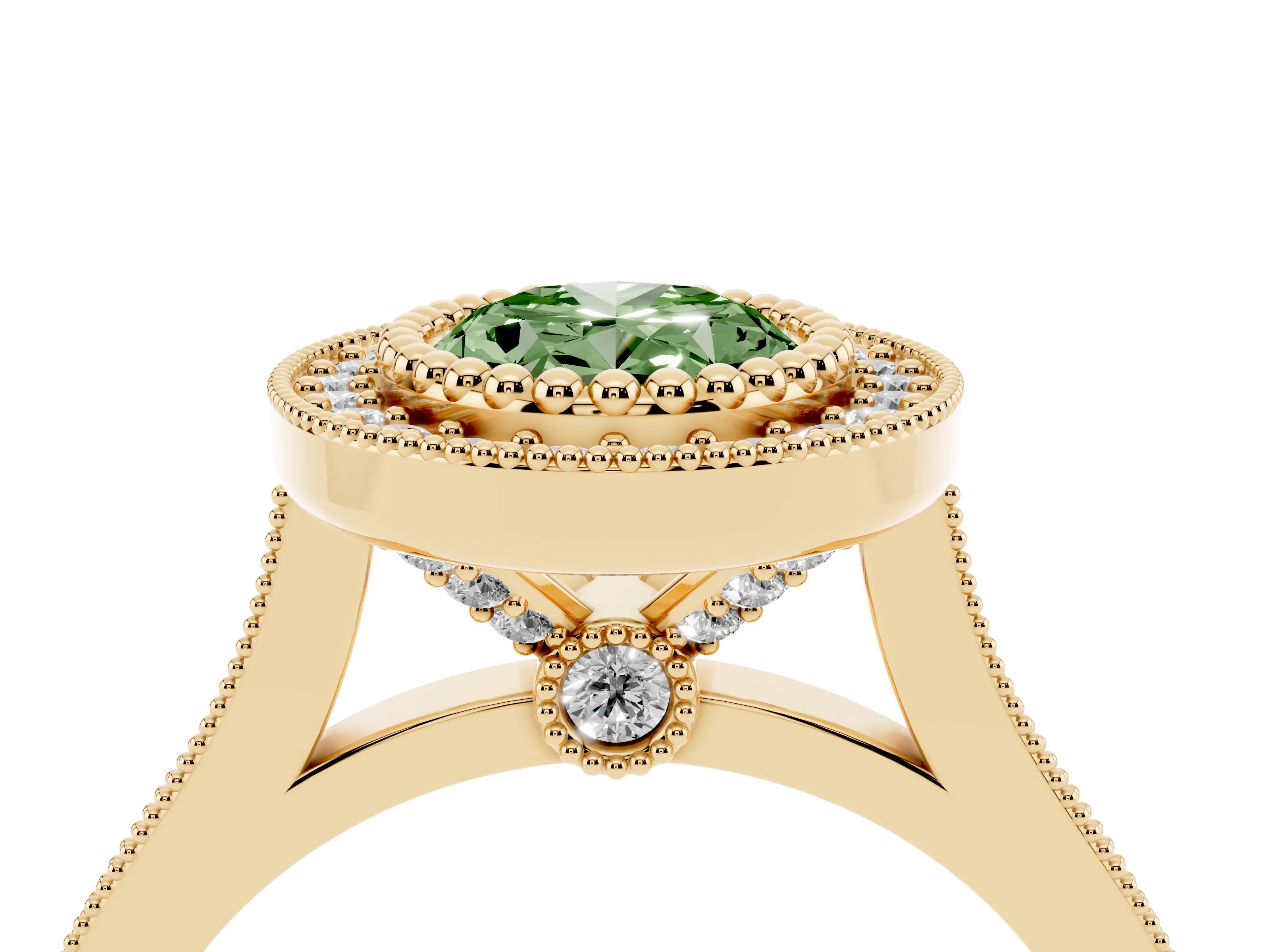 Fancy Green Oval Cut Diamond Halo Ring Set in Yellow gold with Milgrain Frame and Pavé Band