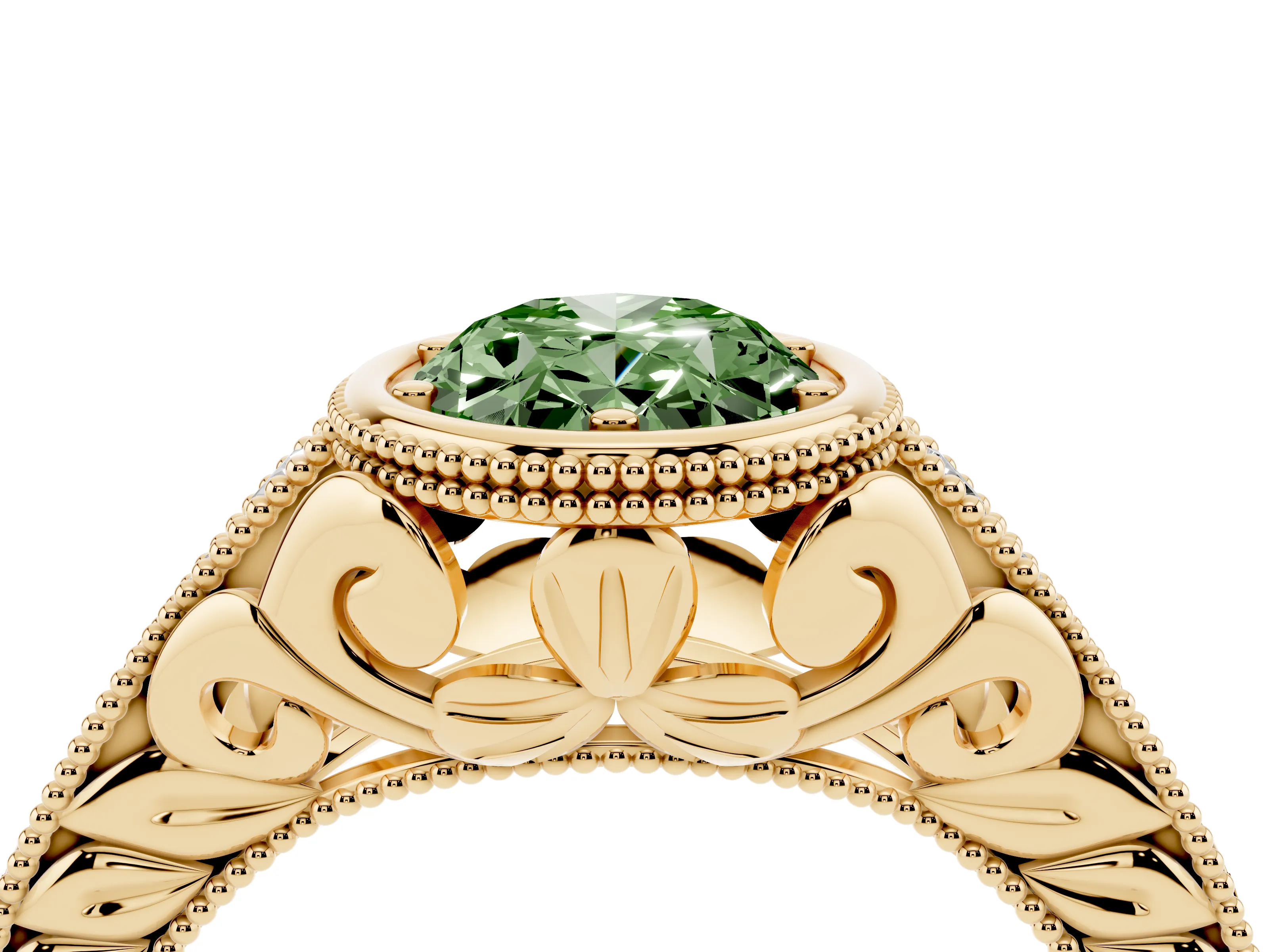 Fancy Green Bezel Set Oval Cut Diamond Milgrain Pavé Engagement Ring Set in Yellow gold
