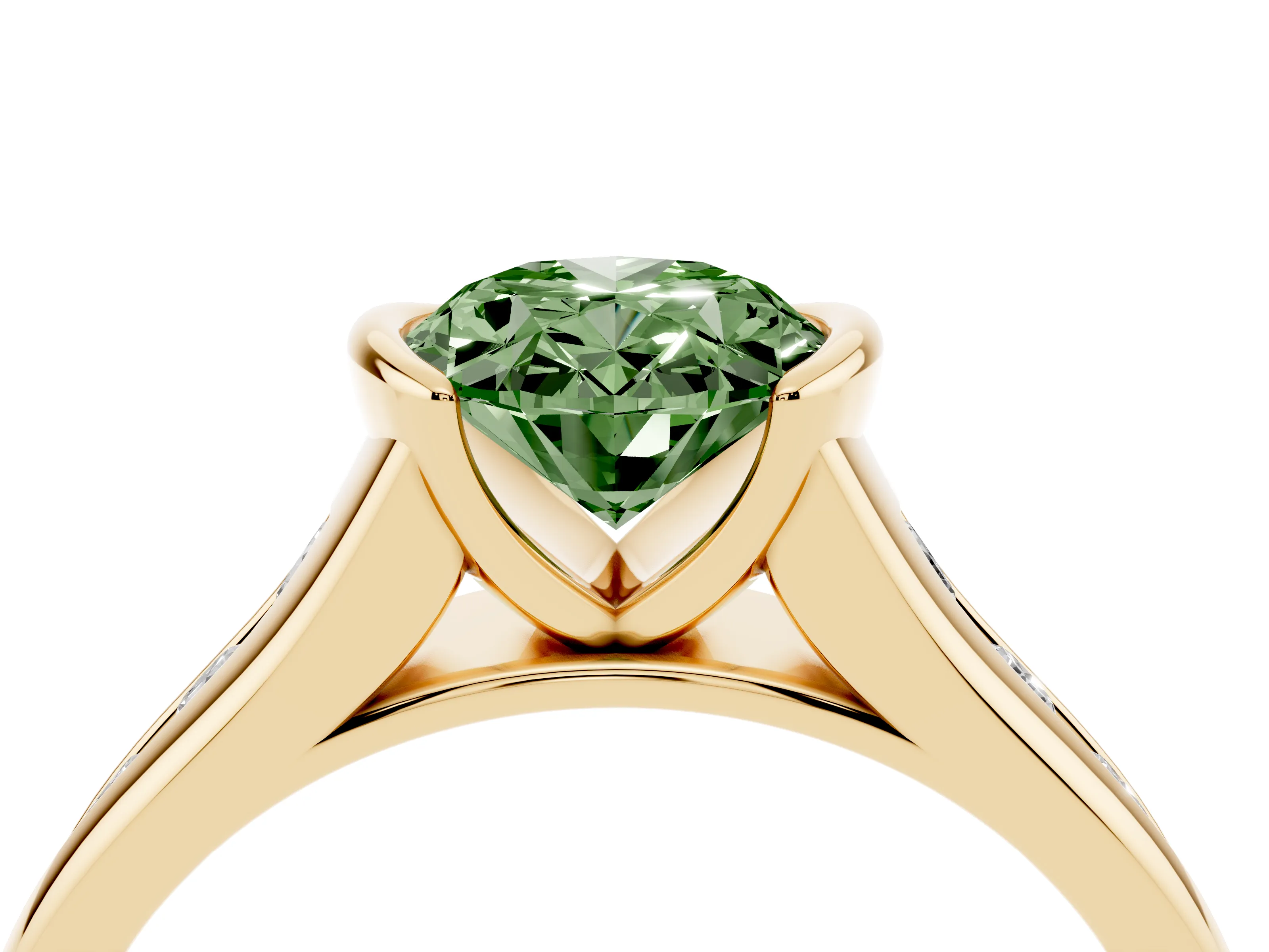 Fancy Green Oval Cut Diamond Bezel-Set Solitaire Ring Set in Yellow gold with Channel-Set Band