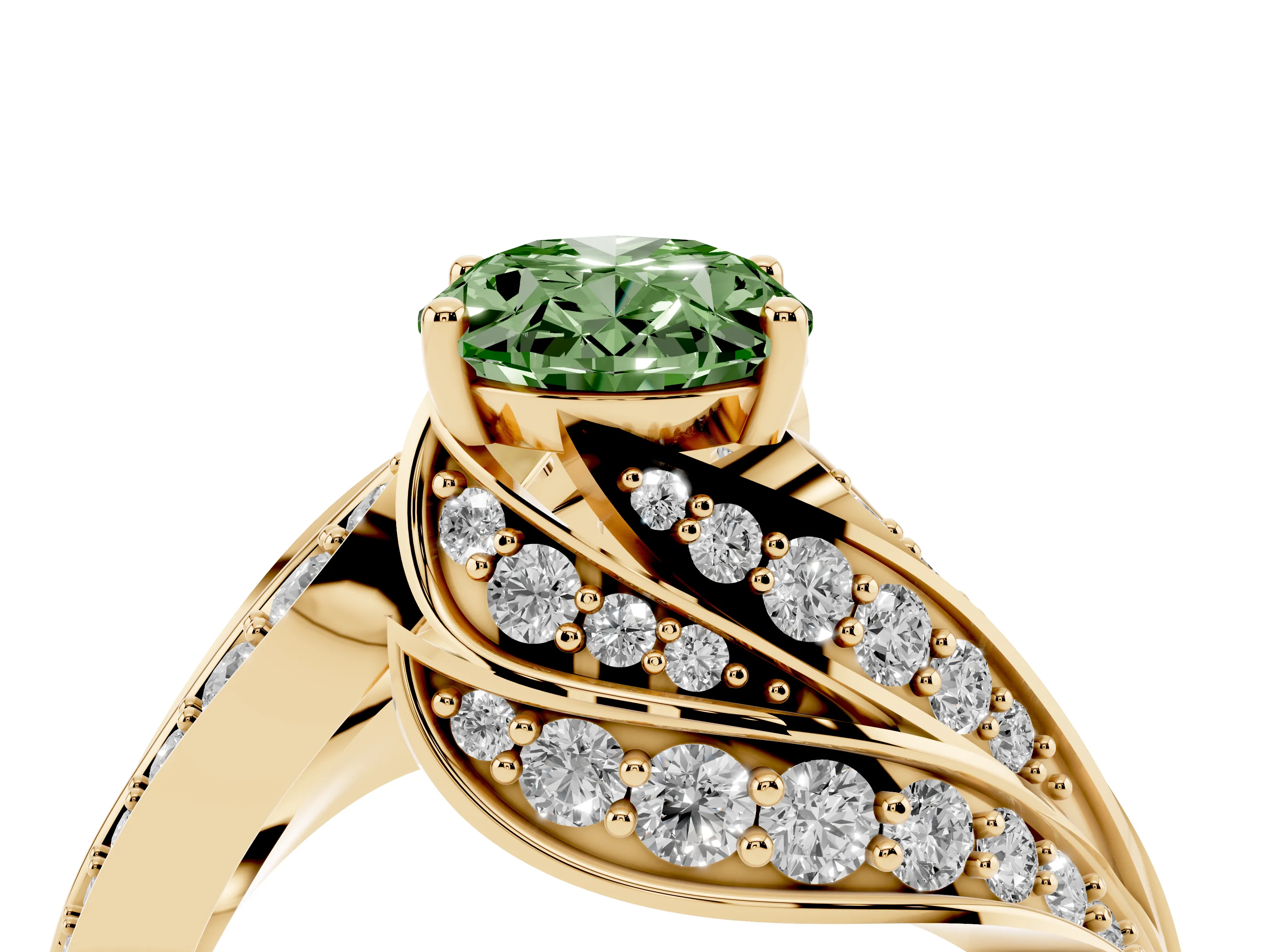 Fancy Green Oval Cut Diamond Solitaire Ring Set in Yellow gold with Layered Twist Pavé Band
