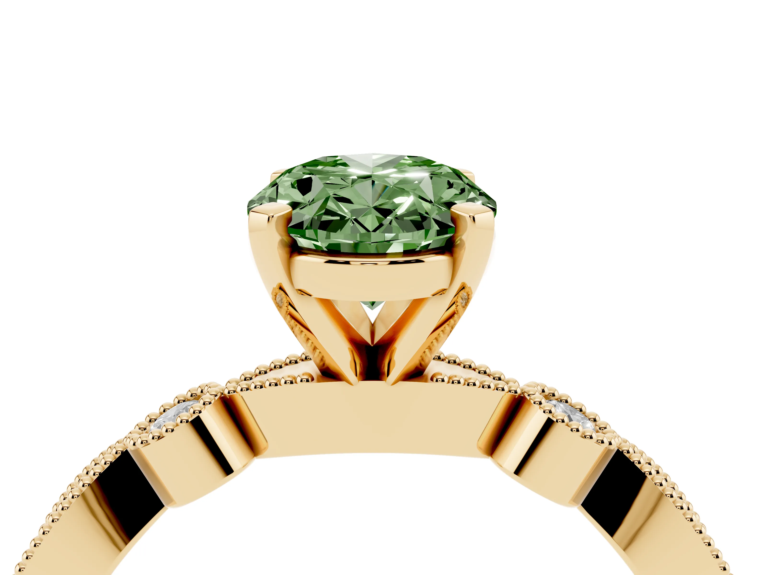 Fancy Green Oval Cut Diamond Solitaire Engagement Ring Set in Yellow gold with Milgrain Bezel Accent Band