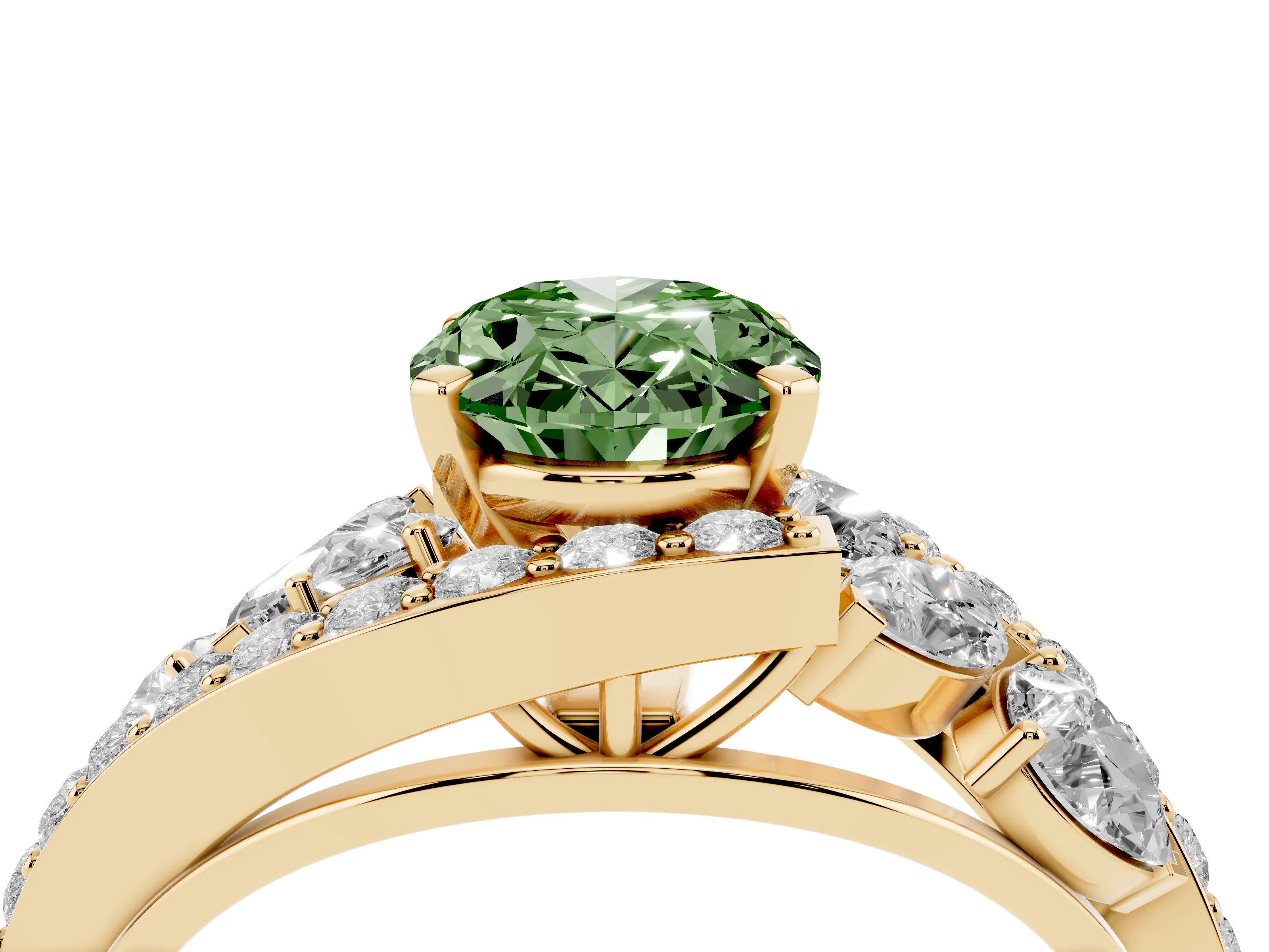 Fancy Green Oval Cut Diamond Halo Ring Set in Yellow gold with Marquise and Pavé Band in Prong Setting