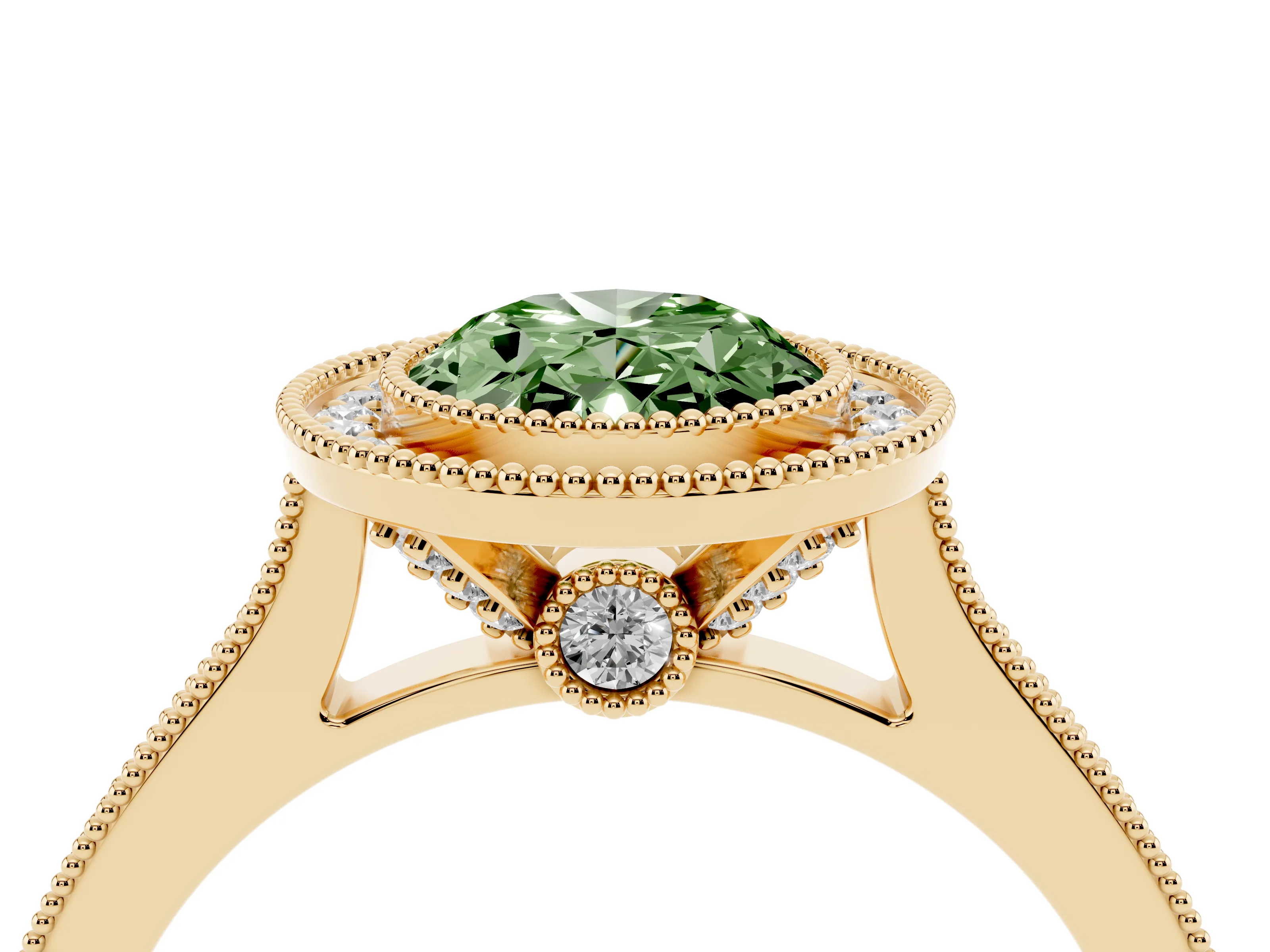 Fancy Green Oval Cut Diamond Halo Milgrain Pavé Band Ring Set in Yellow gold with Prong Setting