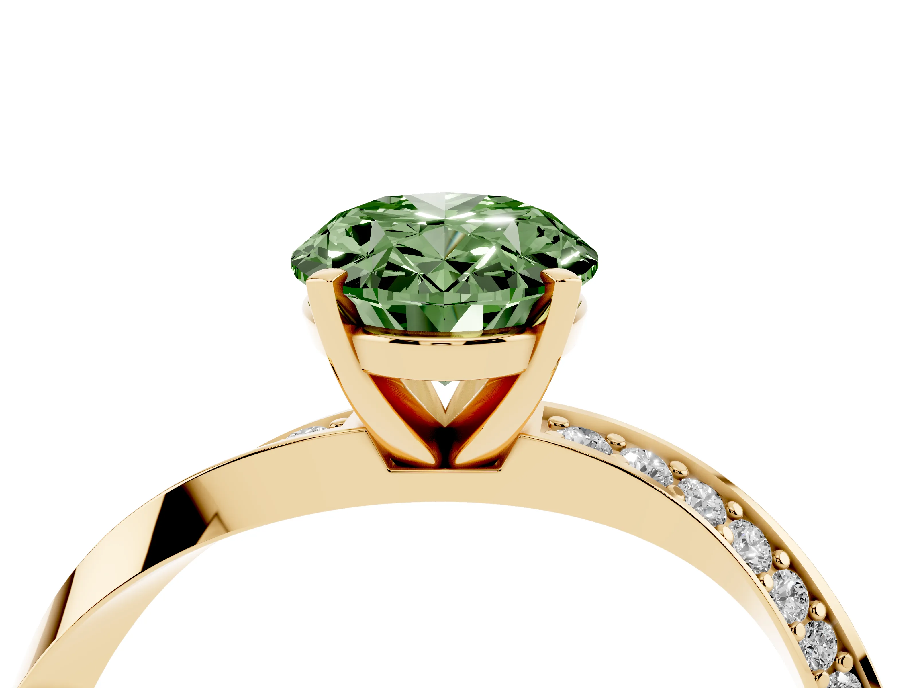 Fancy Green Oval Cut Diamond Engagement Ring Set in Yellow gold with Side Stone Accents and Prong Setting