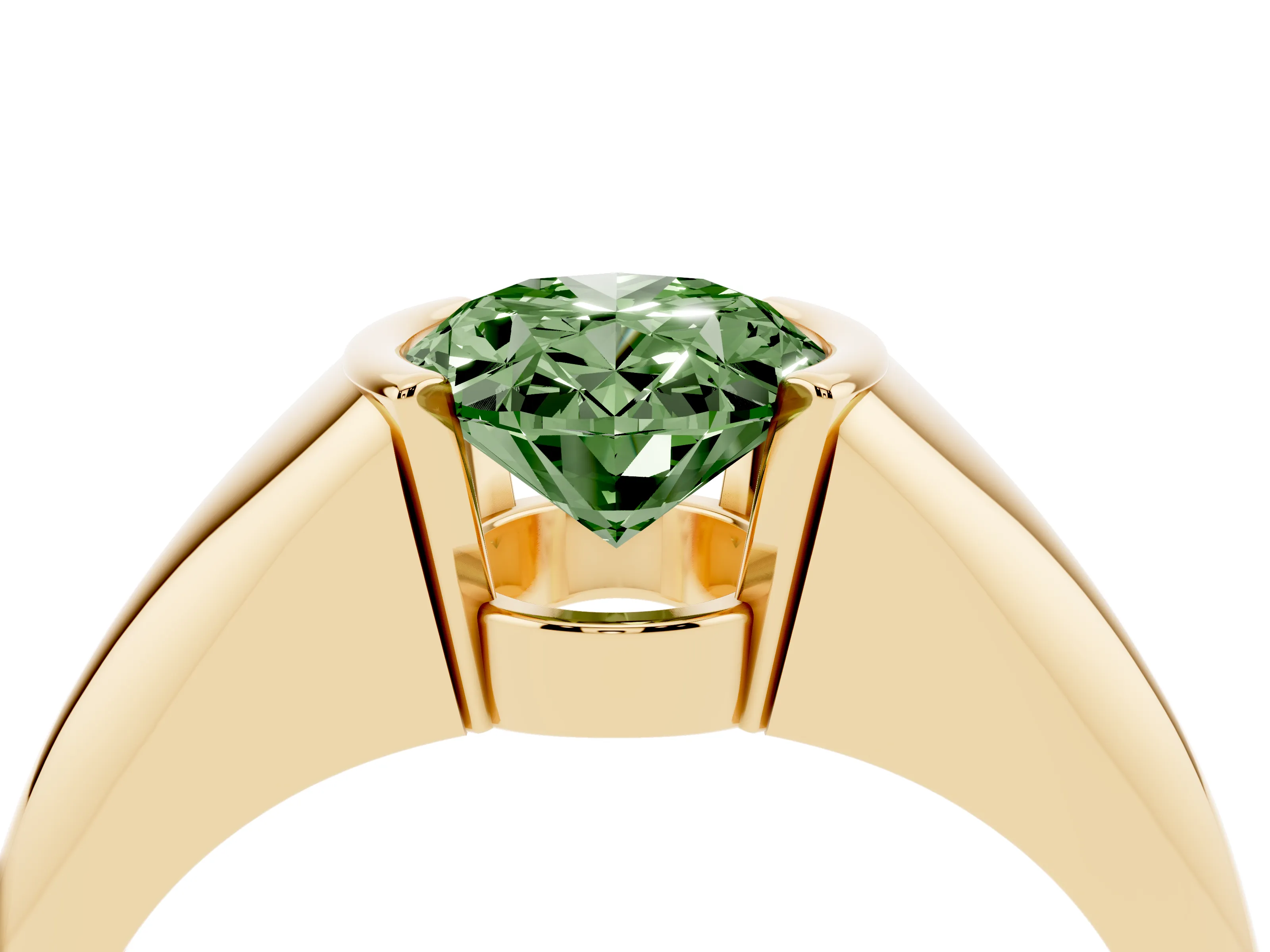 Fancy Green Oval Cut Diamond Solitaire Tension Set Ring Set in Yellow gold