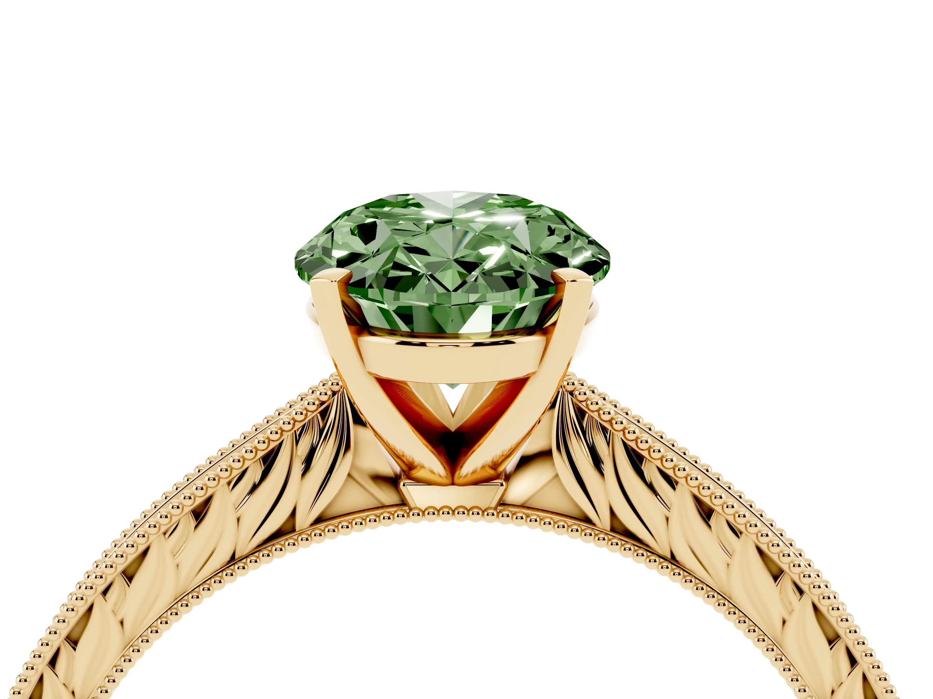 Fancy Green Oval Cut Diamond Solitaire Milgrain Engraved Band Set in Yellow gold with Prong Setting