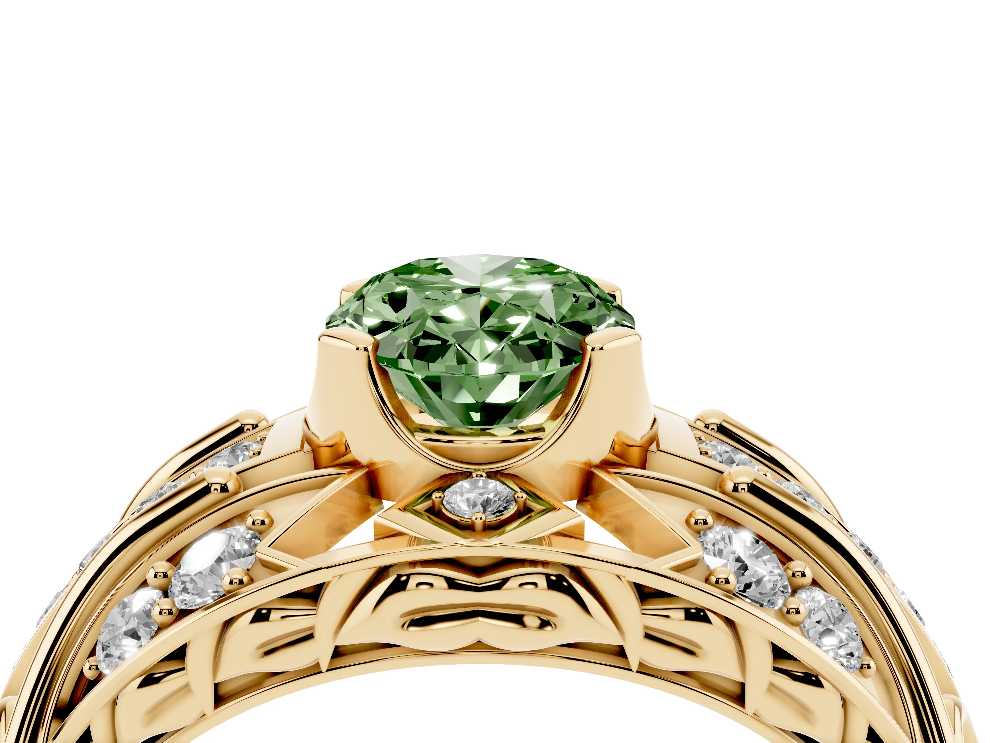 Fancy Green Oval Cut Diamond Art Deco Ring Set in Yellow gold with Pavé Split Shank