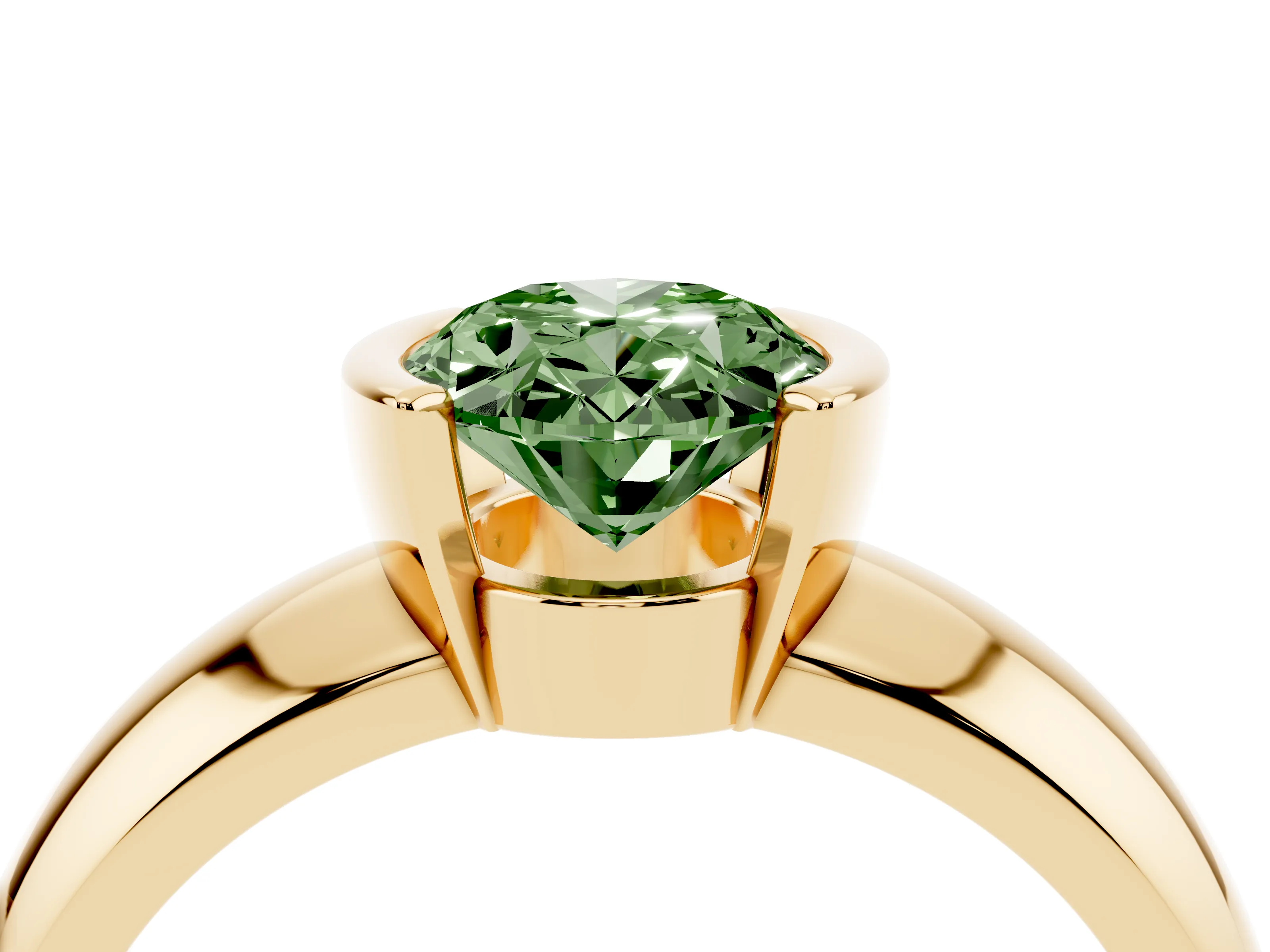 Fancy Green Oval Cut Diamond Solitaire Tension Set Ring Set in Yellow gold with Wide Band