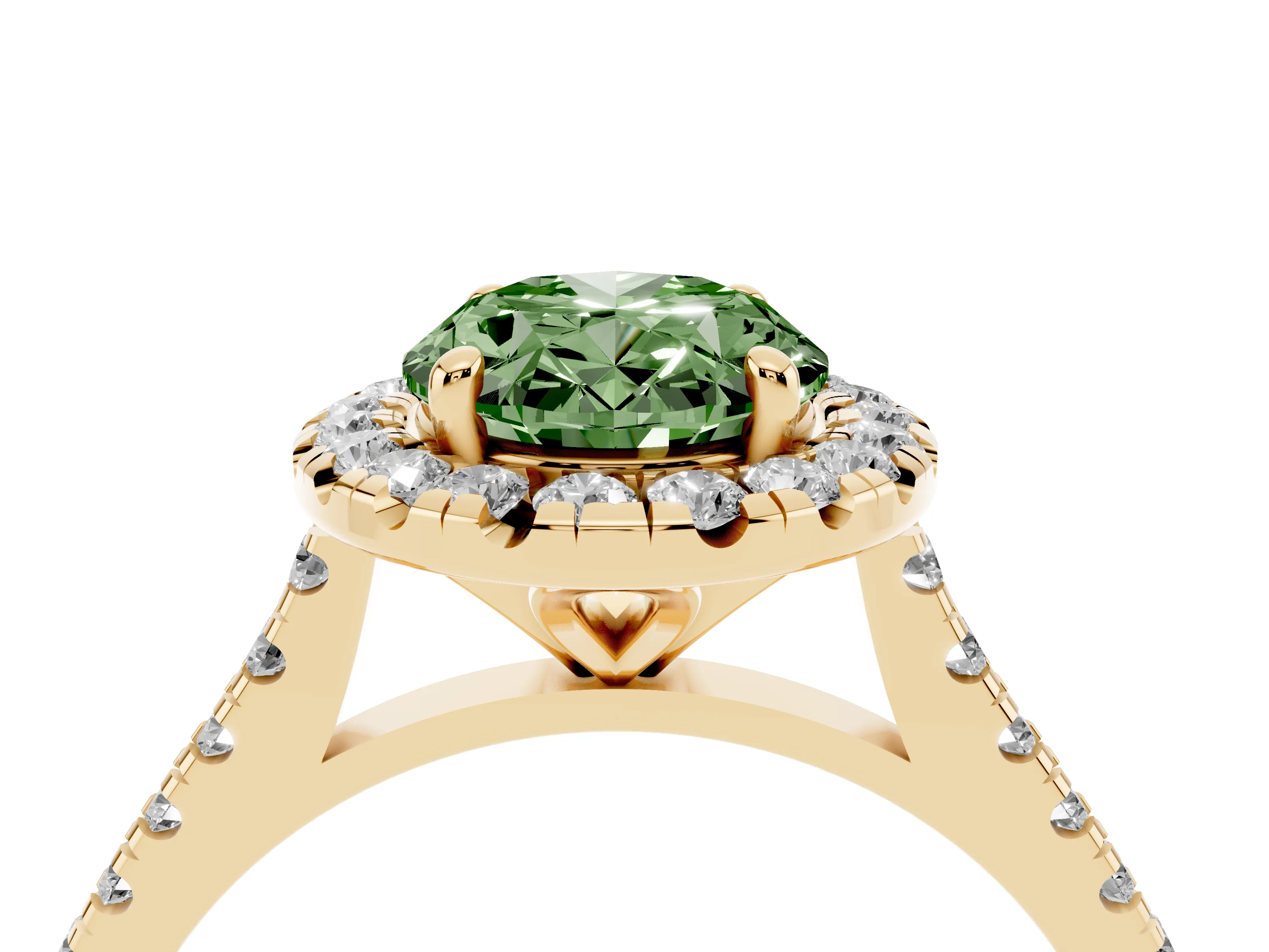 Fancy Green Oval Cut Diamond Cushion Halo Ring Set in Yellow gold with Pavé Band