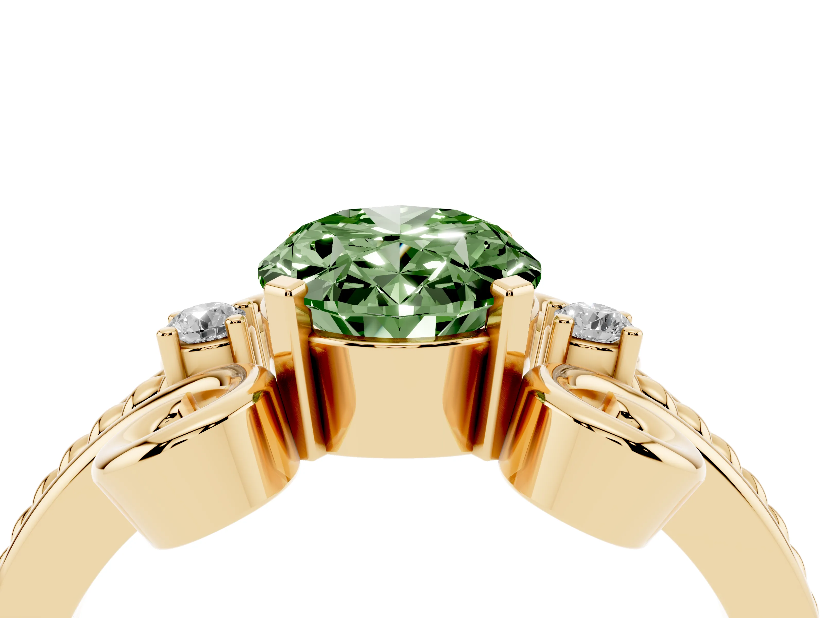 Fancy Green Oval Cut Diamond Twisted Band Solitaire Ring Set in Yellow gold with Scroll Prongs