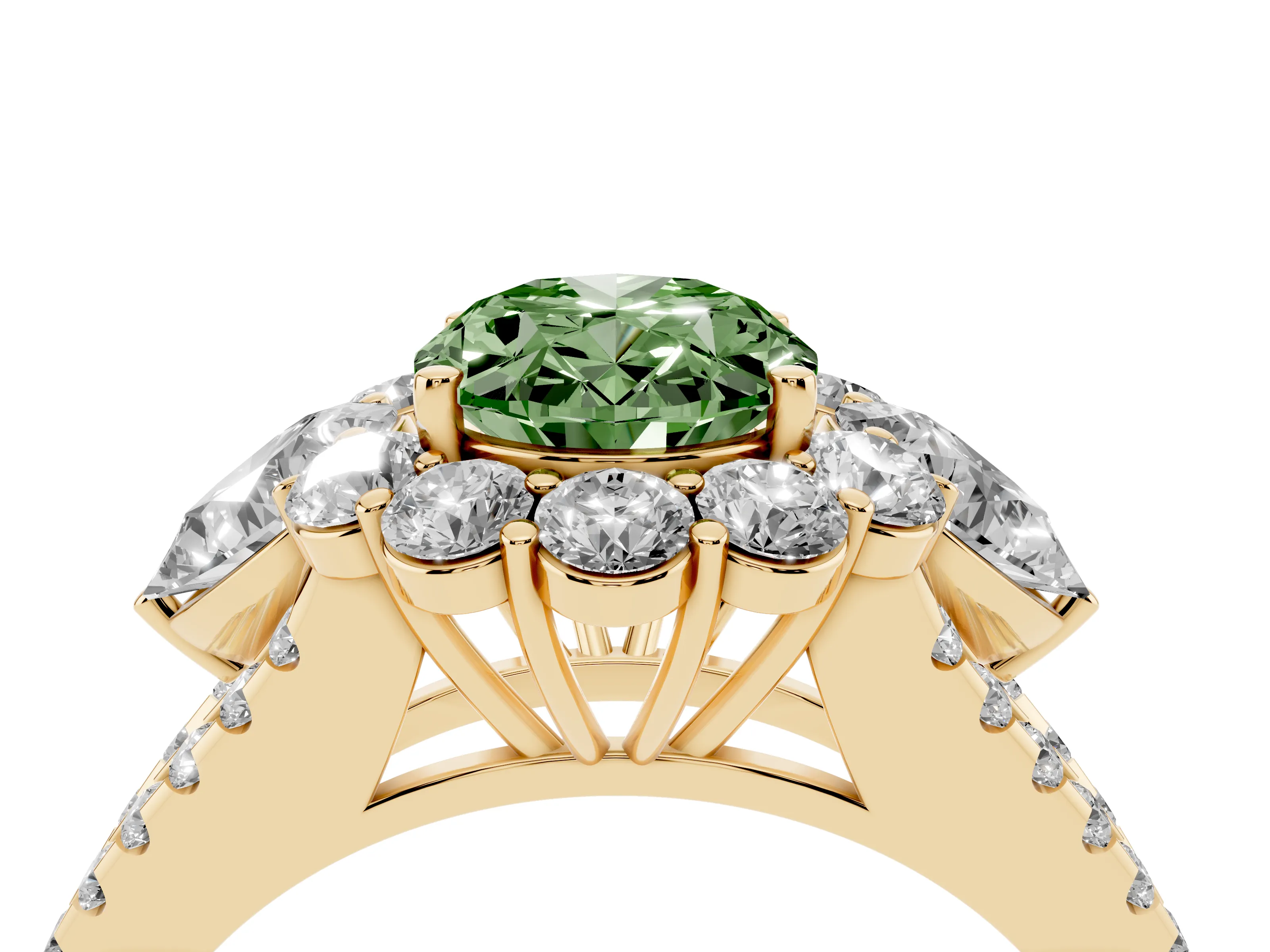 Fancy Green Oval Cut Diamond Halo Split Shank Engagement Ring Set in Yellow gold with Prong-Held Center Stone