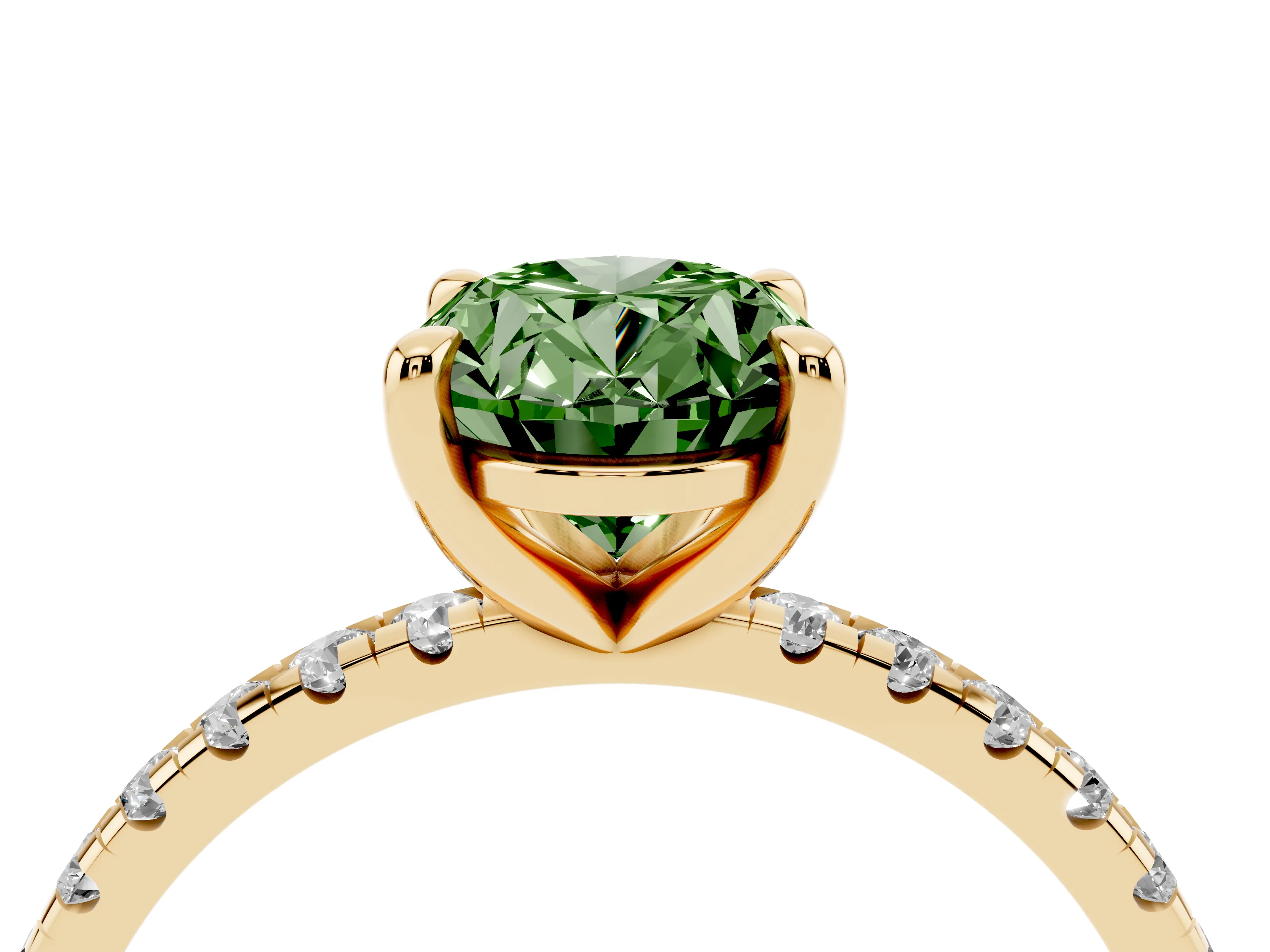 Fancy Green Oval Cut Diamond Brilliant Solitaire Ring Set in Yellow gold with Pavé Band and Prong Setting