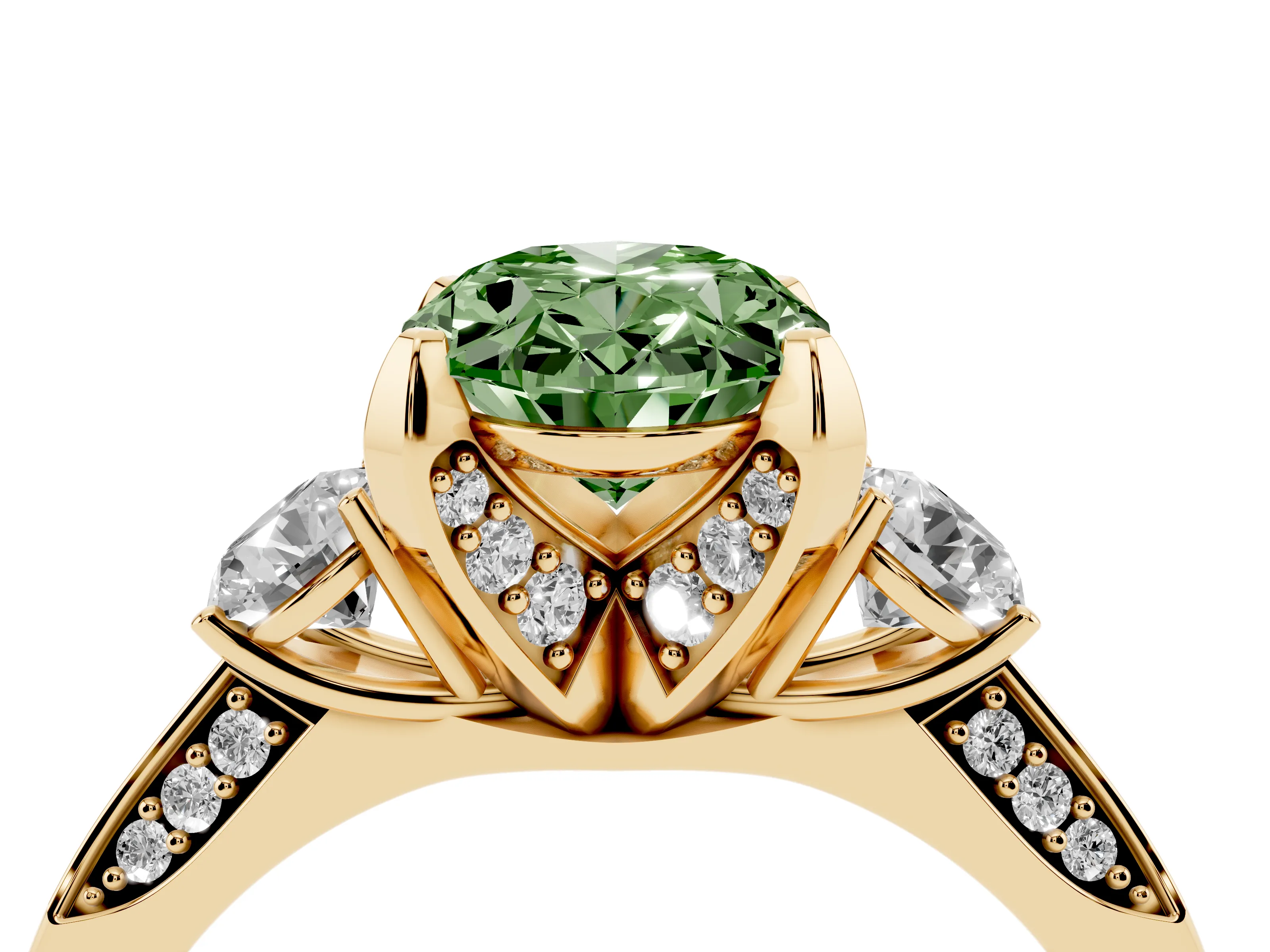 Fancy Green Oval Cut Diamond Three-Stone Ring Set in Yellow gold with Pavé Band and Smaller Side Stones