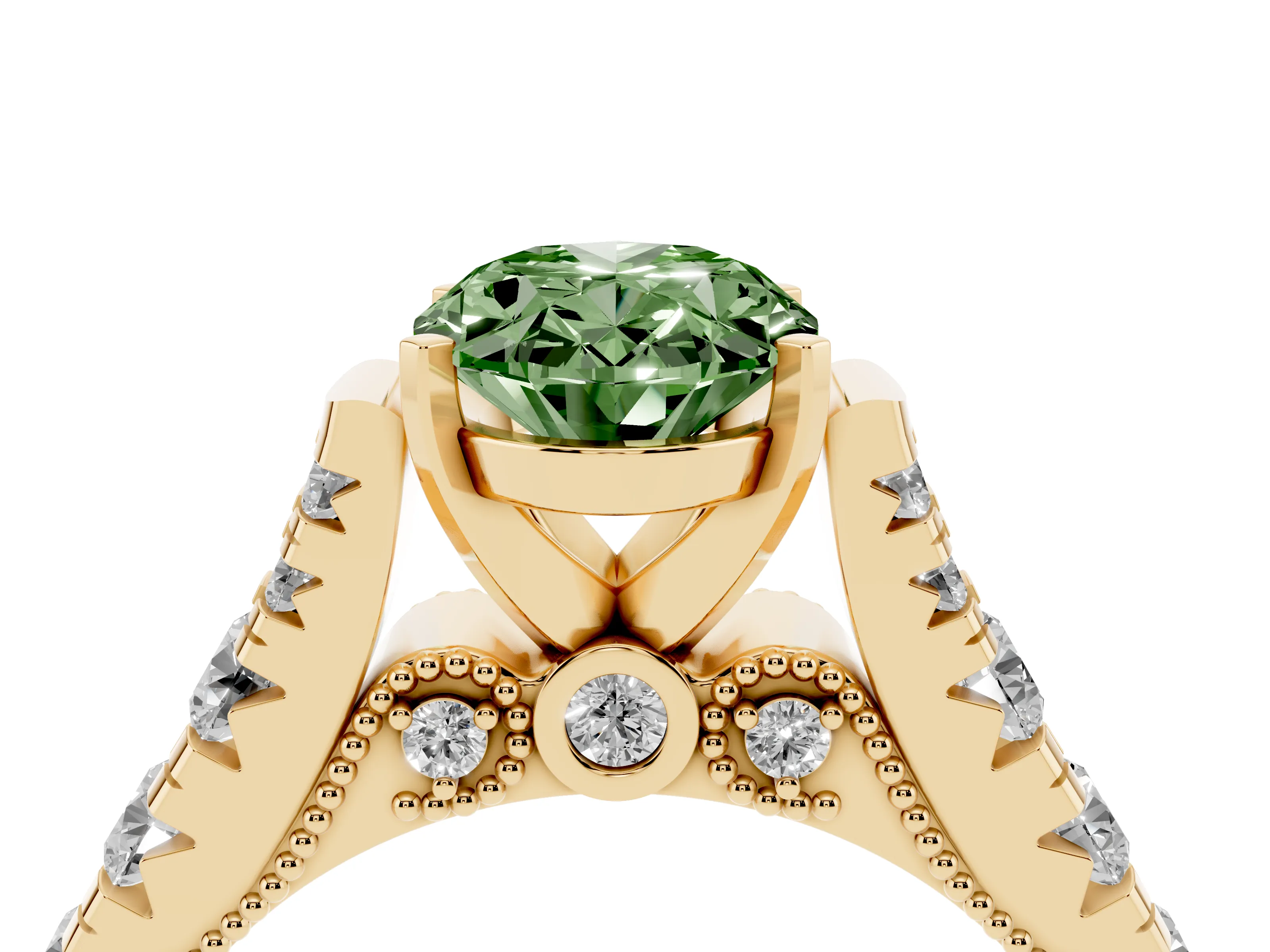 Fancy Green Oval Cut Diamond Classic Solitaire Ring Set in Yellow gold with Pavé Band and Prong Setting