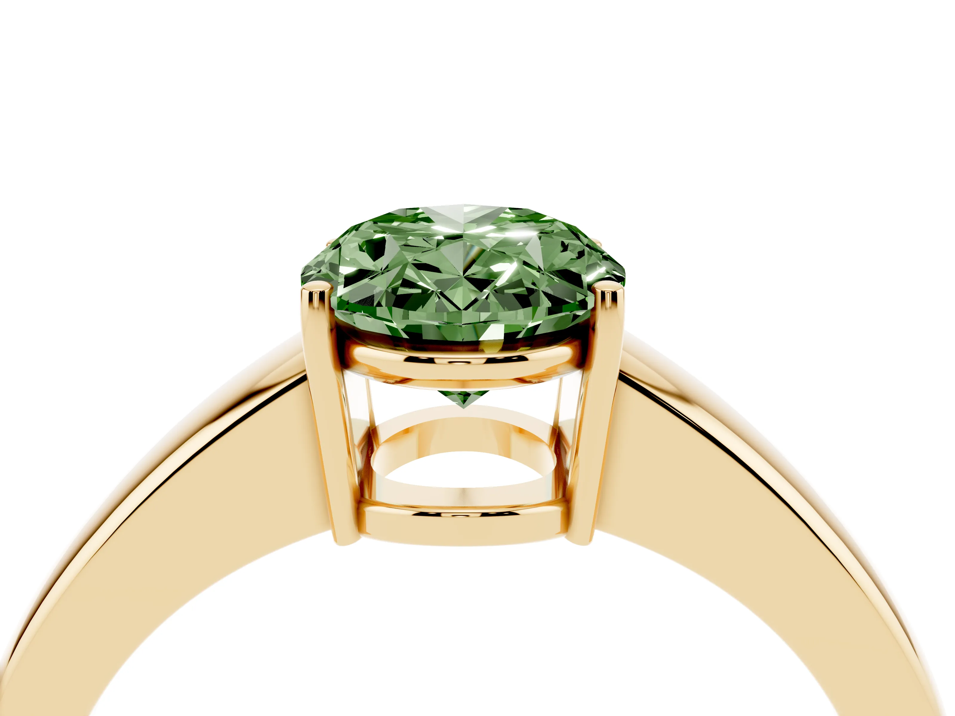 Fancy Green Oval Cut Diamond Solitaire Ring Set in Yellow gold with Tapered Band and Prong Setting