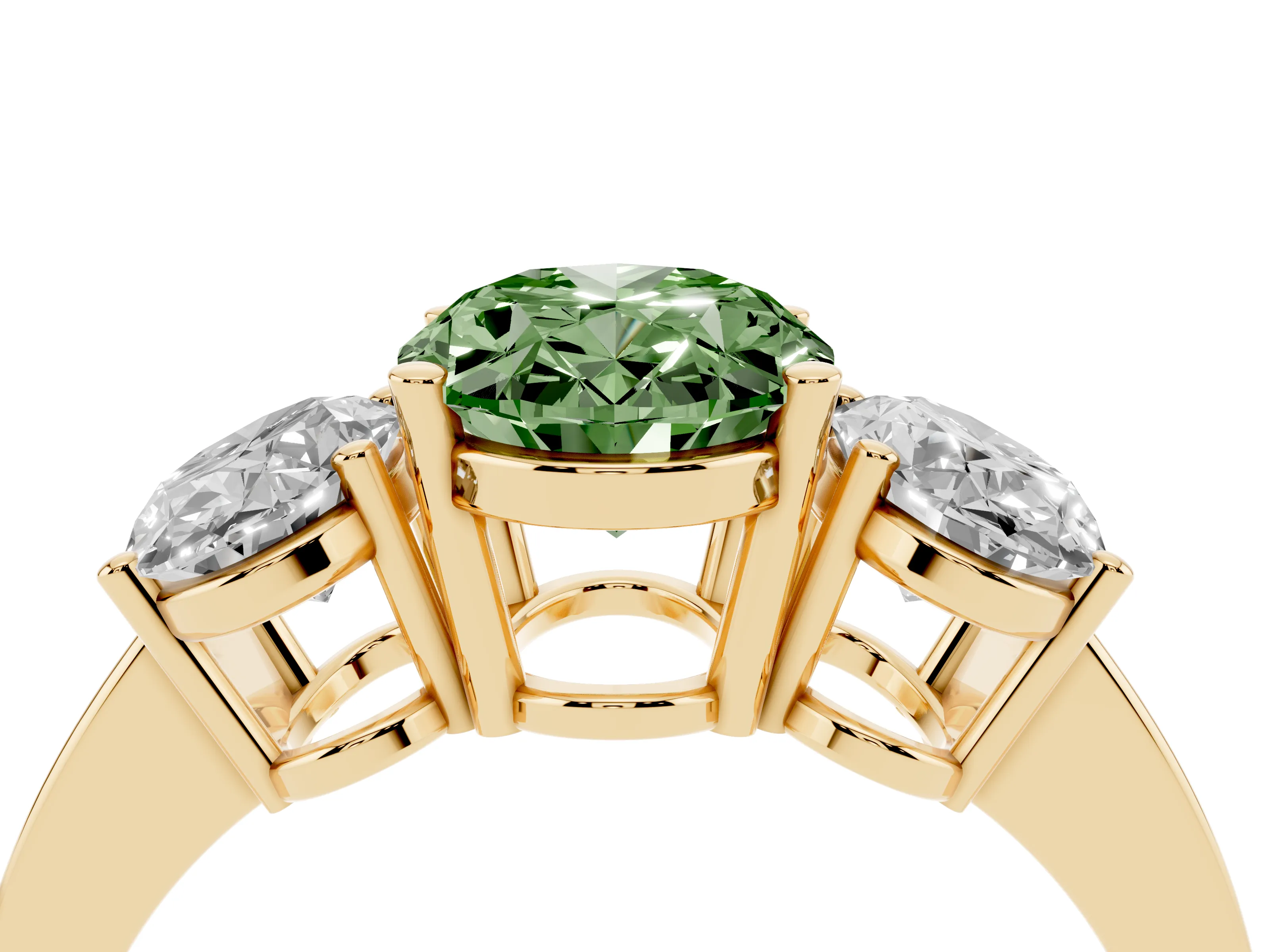 Fancy Green Oval Cut Diamond Three-Stone Engagement Ring Set in Yellow gold with Flat Band