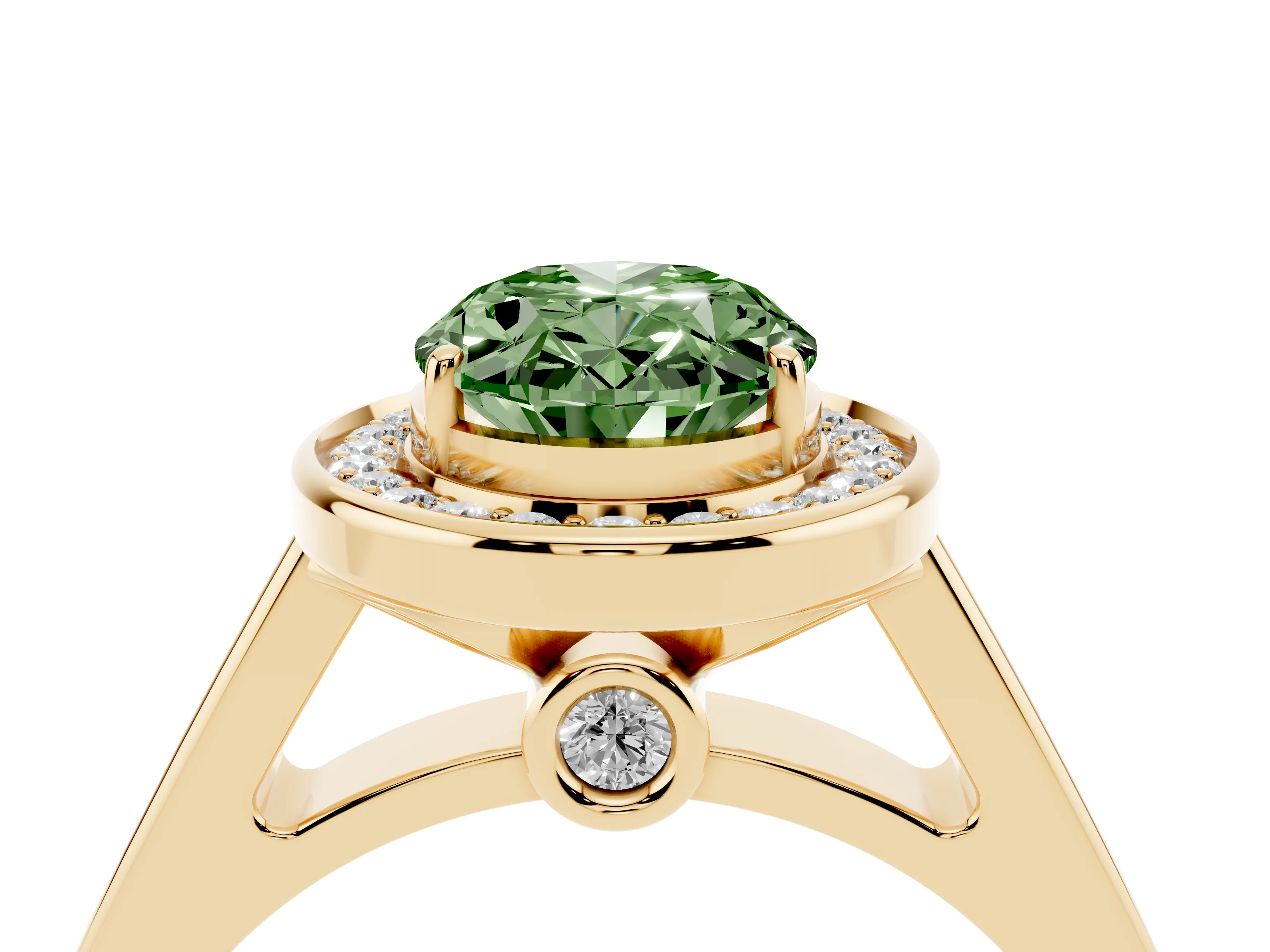 Fancy Green Oval Cut Diamond Halo Solitaire Ring Set in Yellow gold with Pavé Band and Bezel Setting