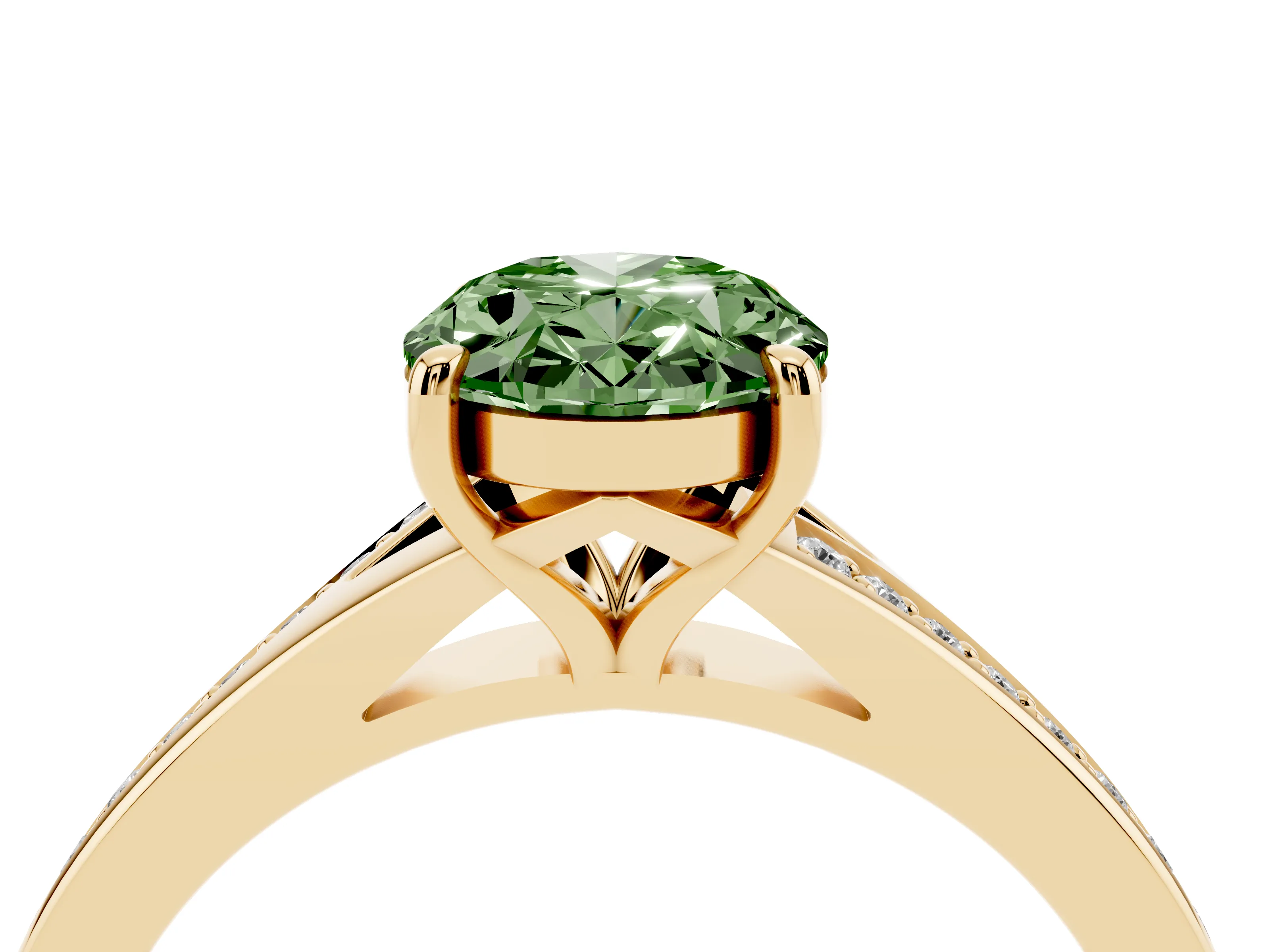 Fancy Green Oval Cut Diamond Solitaire Ring Set in Yellow gold with Pavé Accent Band and Classic Prong Setting