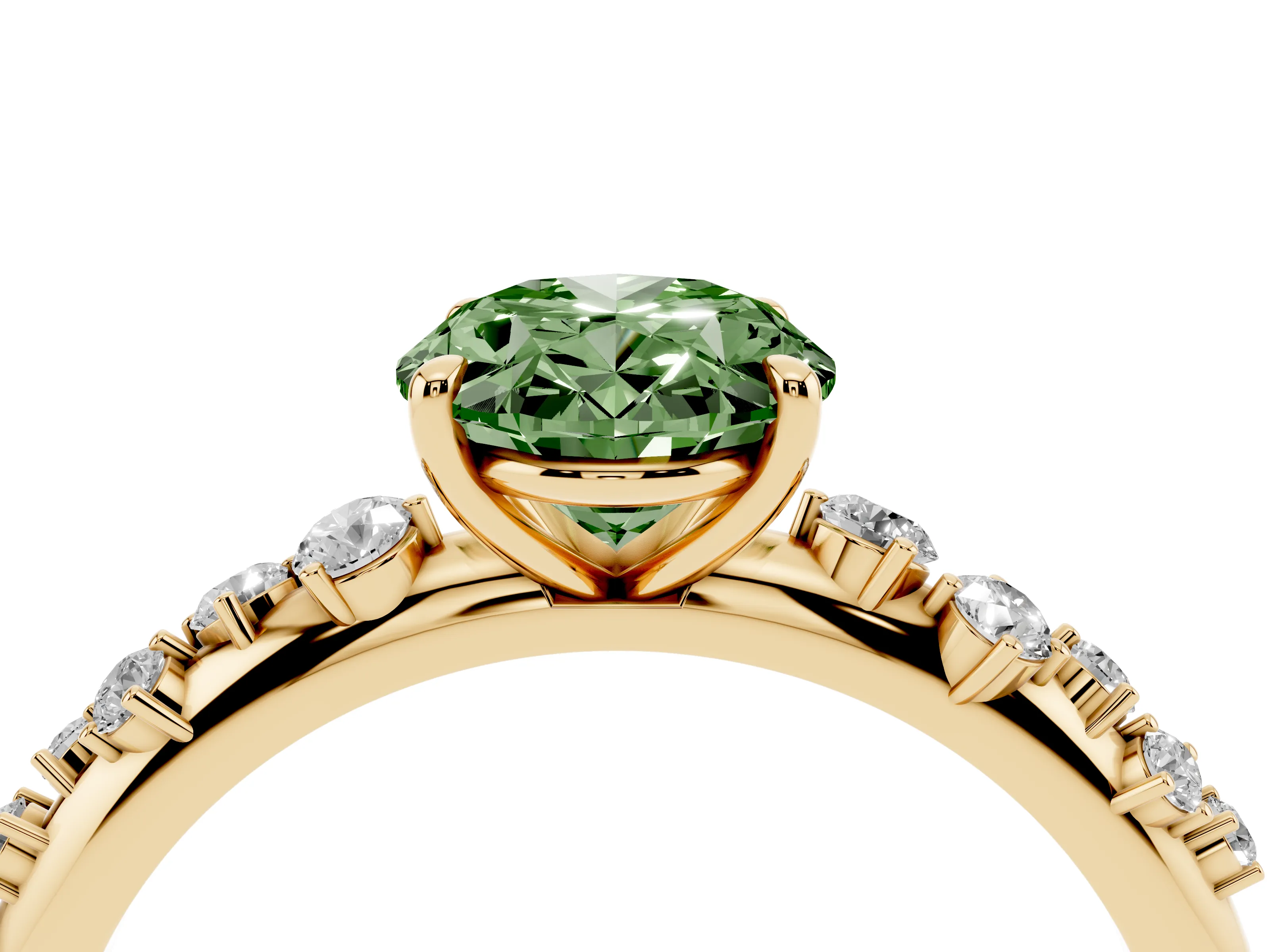 Fancy Green Oval Cut Diamond Cluster Solitaire Ring Set in Yellow gold with Prong Setting