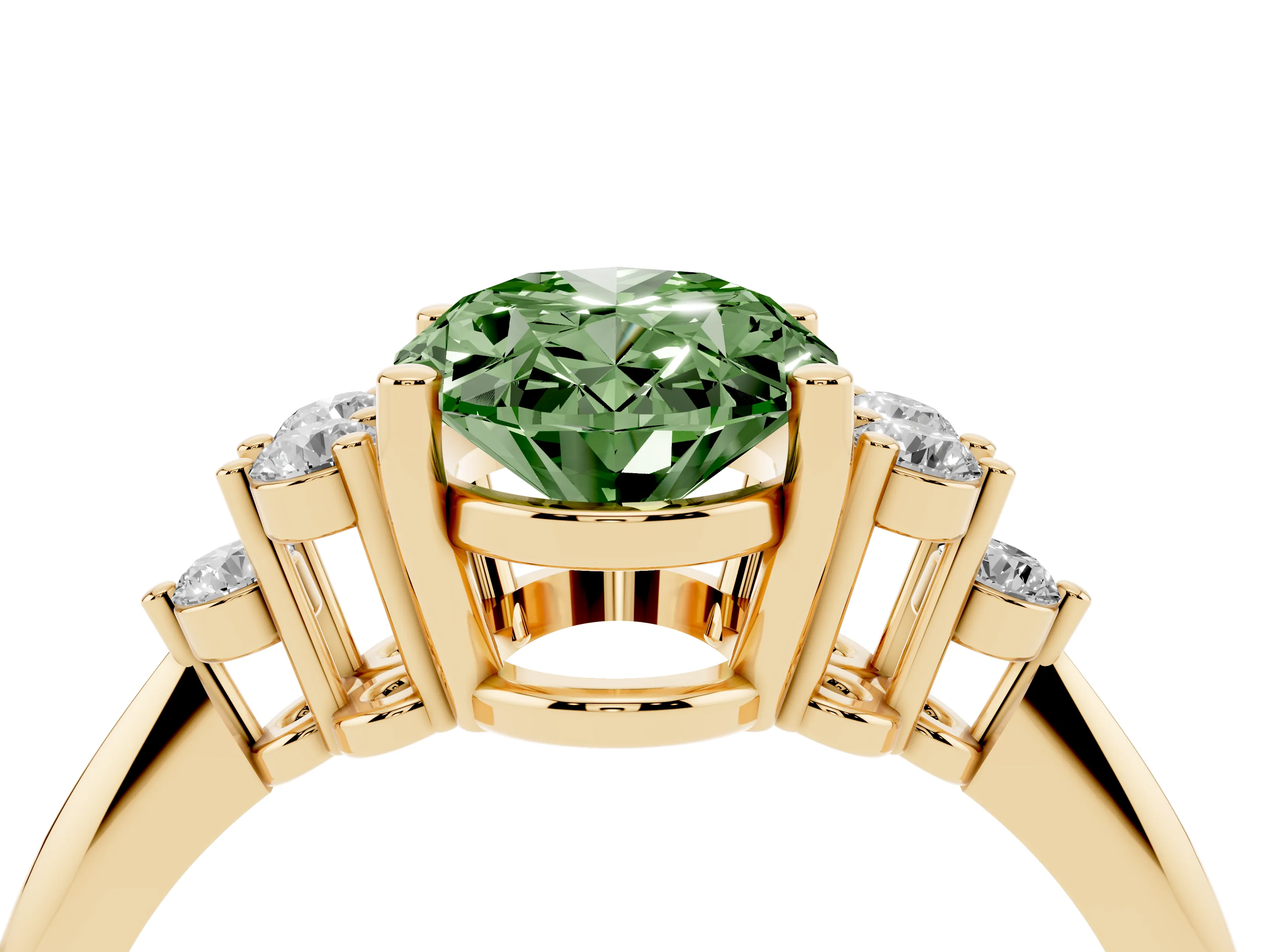 Fancy Green Oval Cut Diamond Cluster Ring Set in Yellow gold with Plain Band and Prong Setting