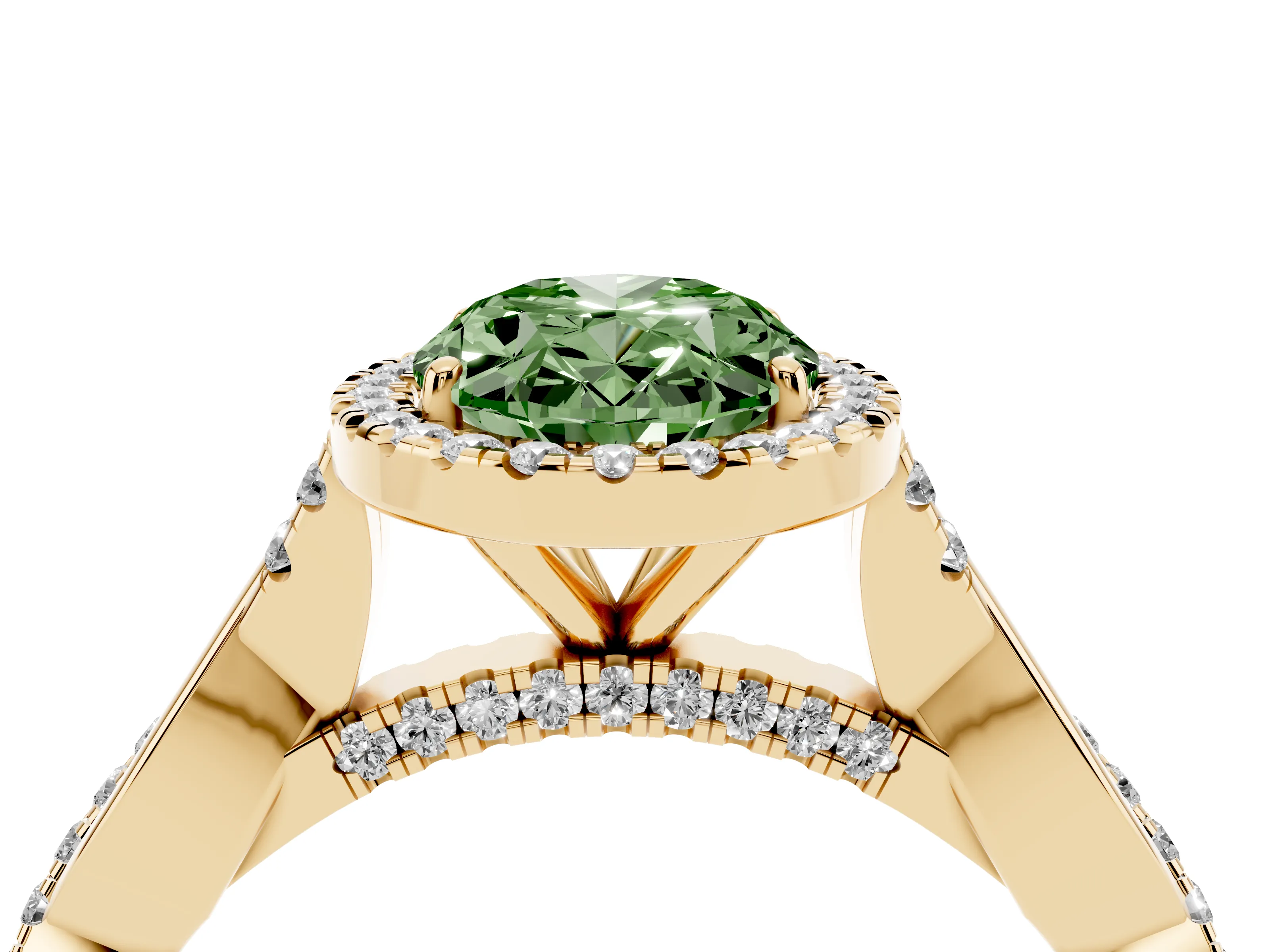 Fancy Green Oval Cut Diamond Halo Twist Band Solitaire Ring Set in Yellow gold with Prong Setting