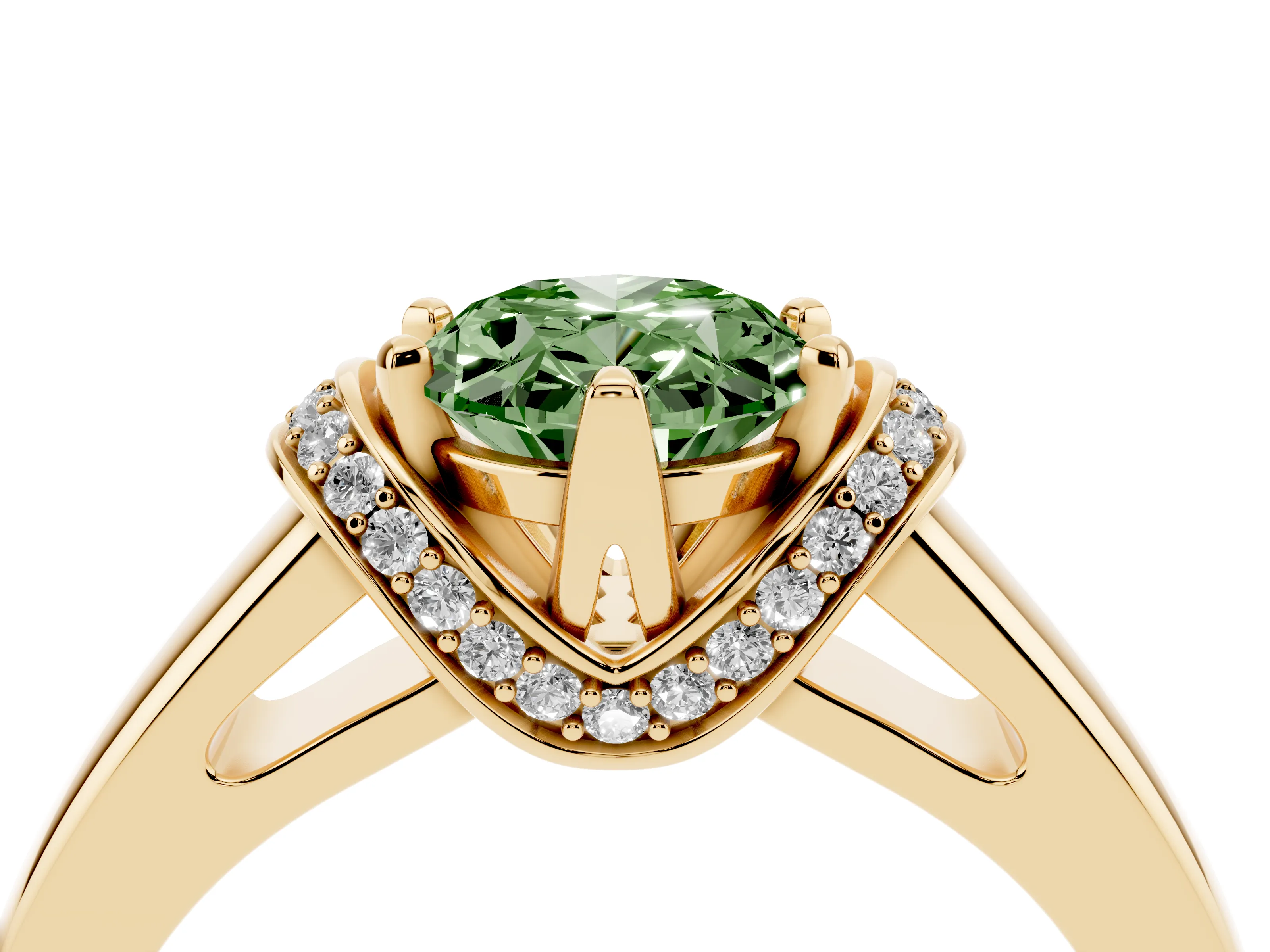 Fancy Green Oval Cut Diamond Pavé Band Solitaire Ring Set in Yellow gold with Prong Setting