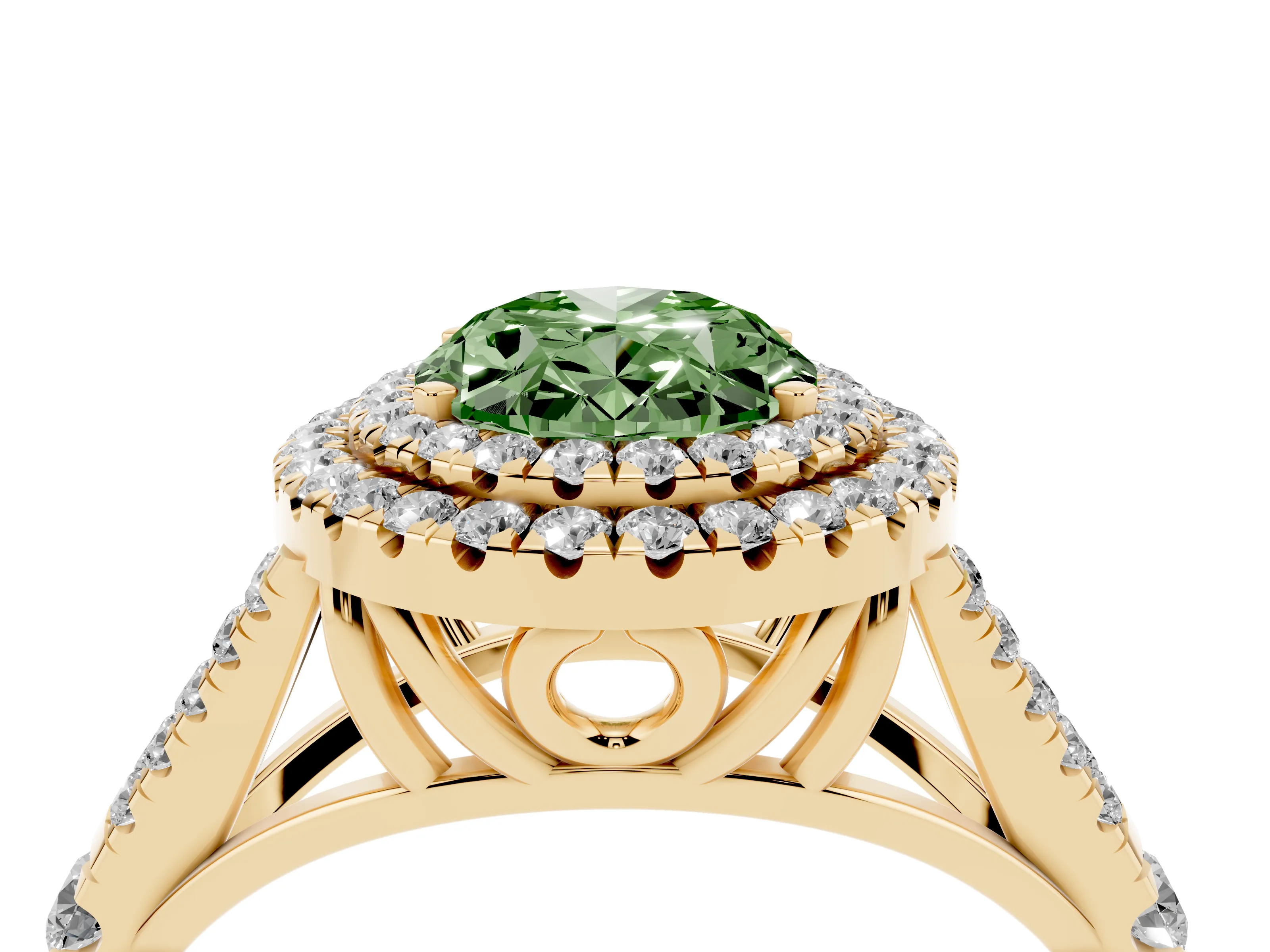 Fancy Green Oval Cut Diamond Pavé Split Shank Double Halo Engagement Ring Set in Yellow gold