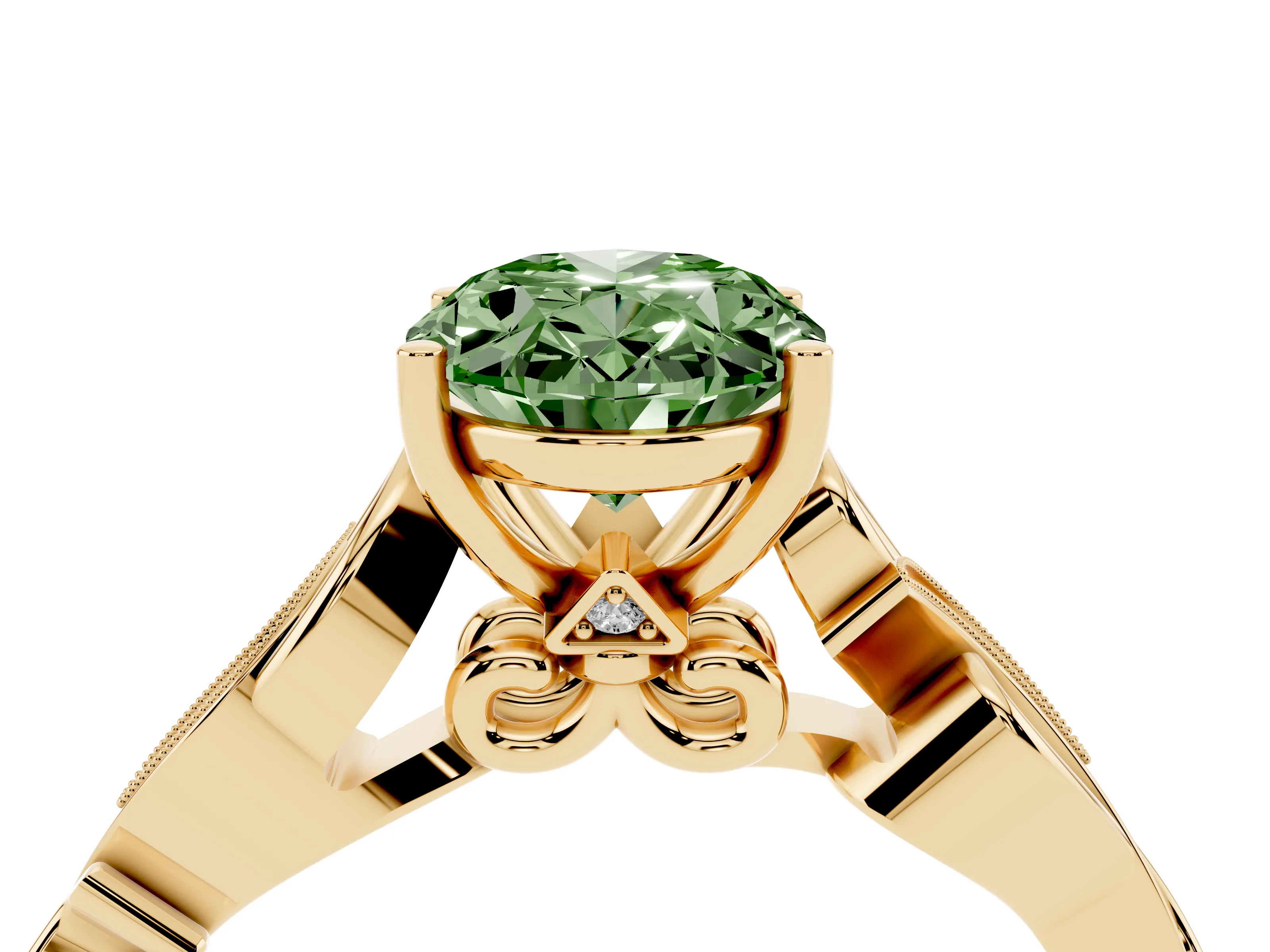 Fancy Green Oval Cut Diamond Vine Band Solitaire Ring Set in Yellow gold with Milgrain Prong Setting