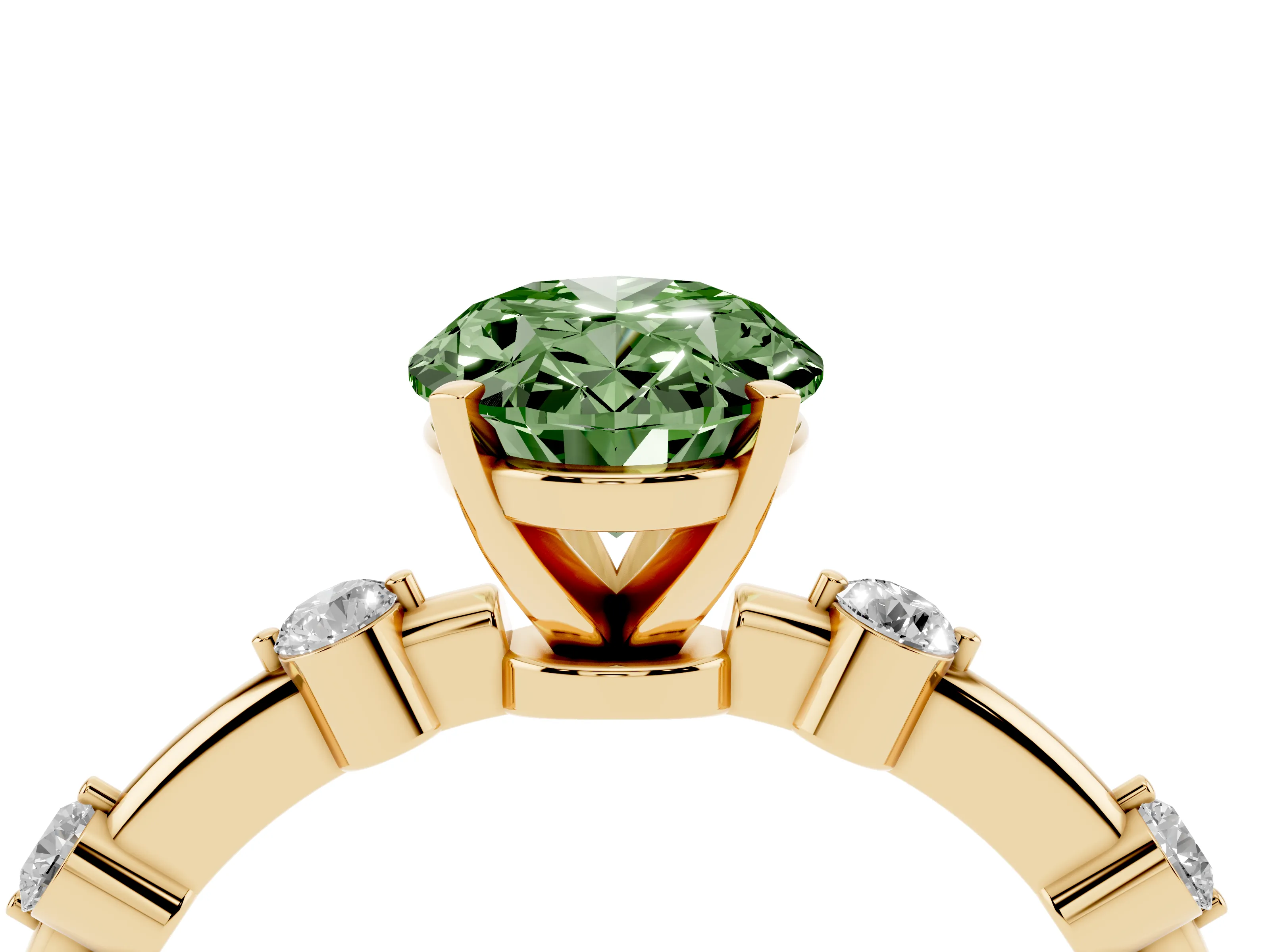 Fancy Green Oval Cut Diamond Solitaire Ring Set in Yellow gold with Bezel Set Side Stones and Prong Setting