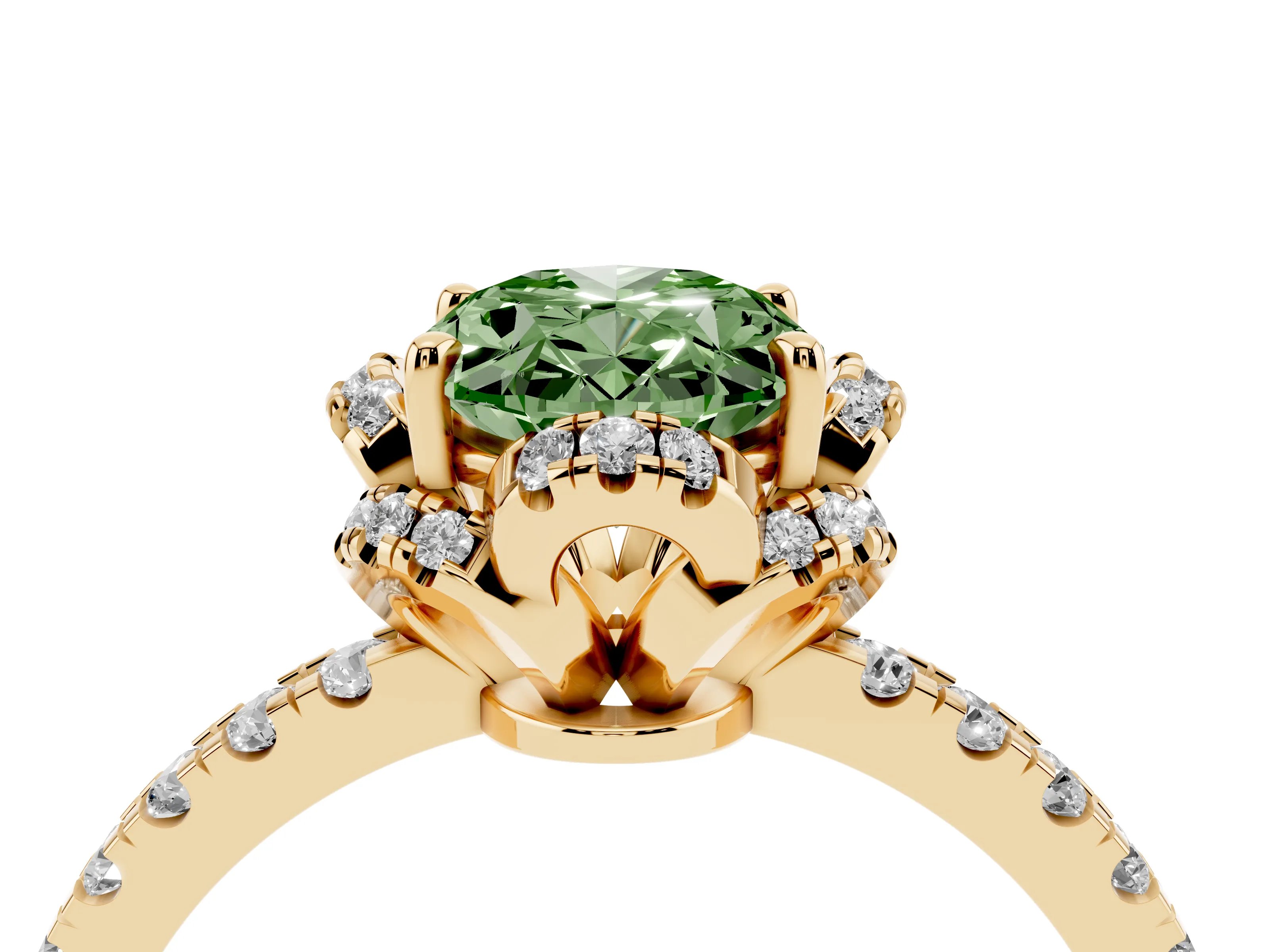 Fancy Green Oval Cut Diamond Halo Pavé Band Ring Set in Yellow gold with Prong-Held Center