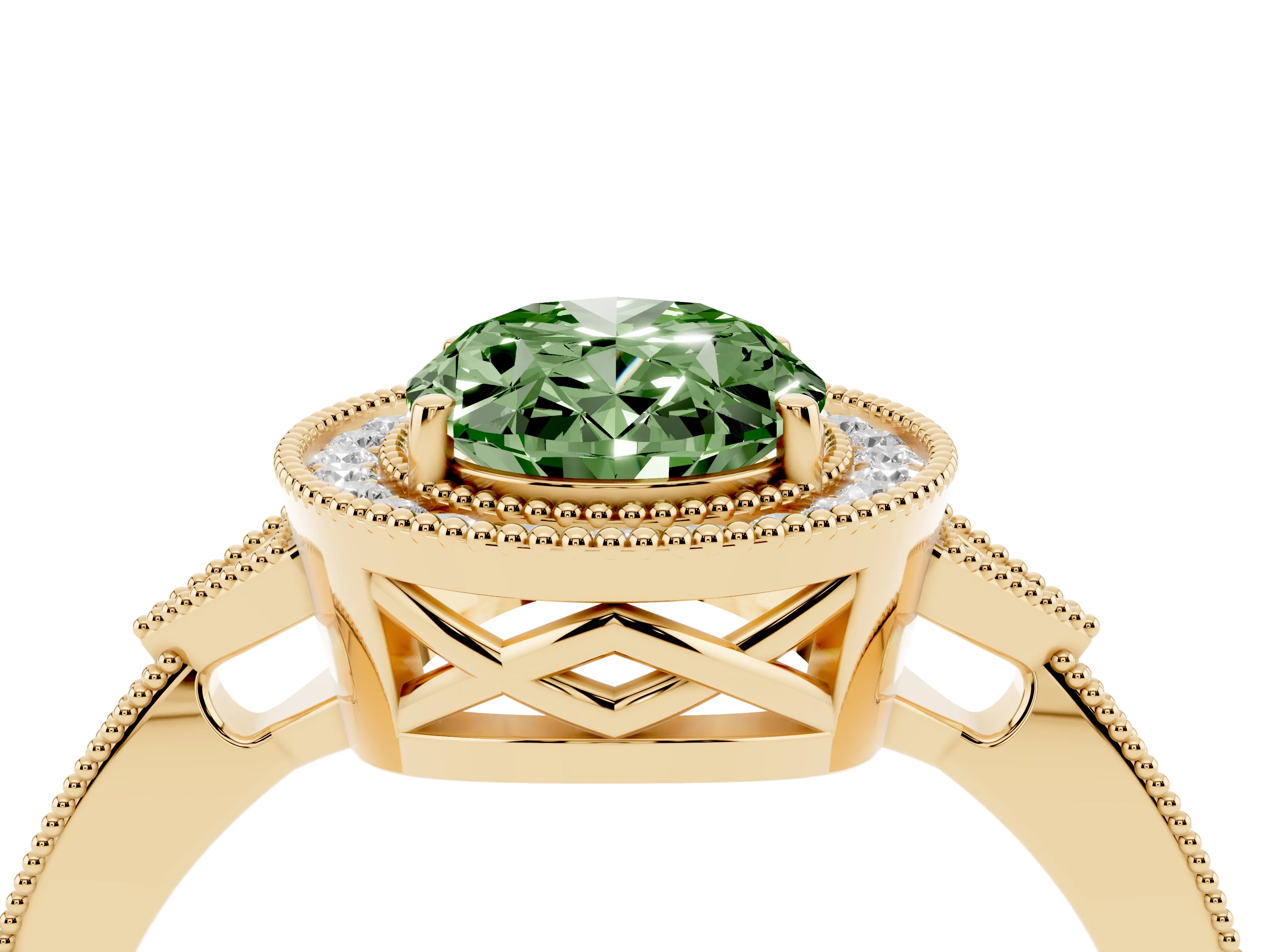Fancy Green Oval Cut Diamond Halo Engagement Ring Set in Yellow gold with Milgrain Pavé Band