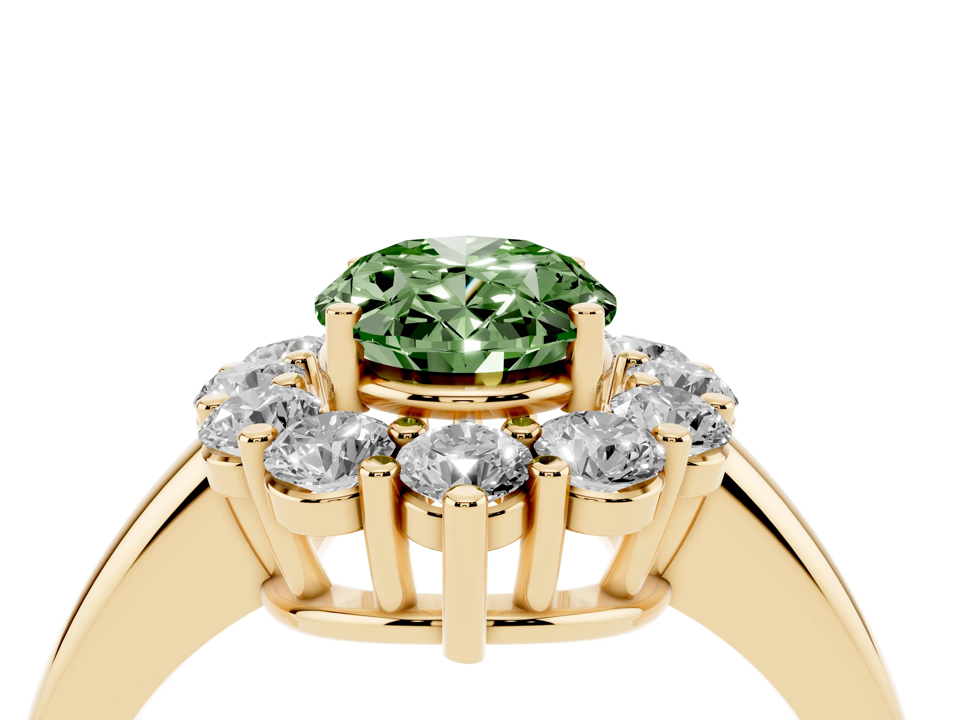 Fancy Green Oval Cut Diamond Halo Cluster Engagement Ring Set in Yellow gold with Polished Band and Prong Setting