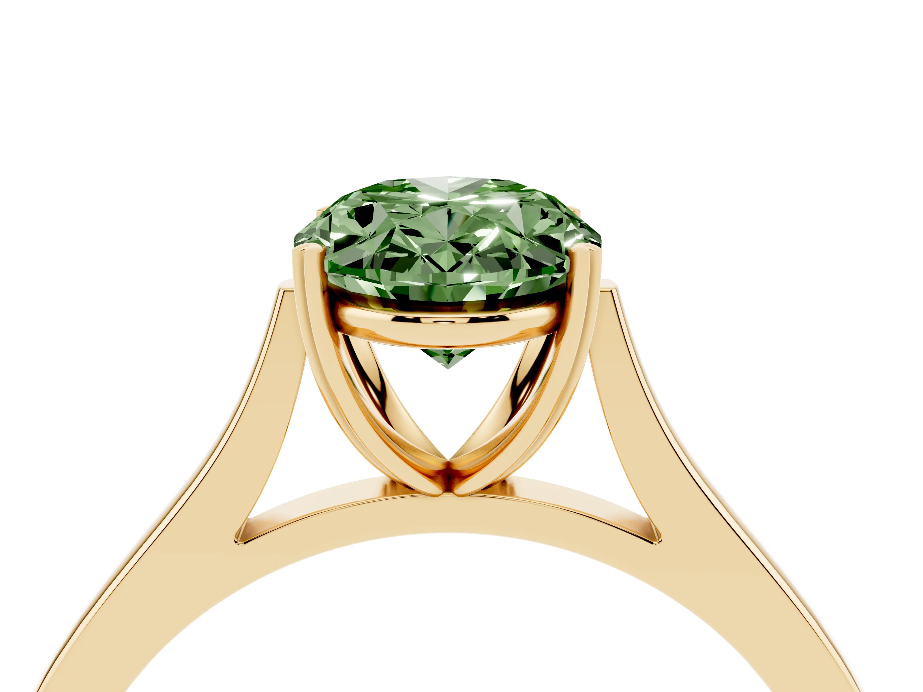Fancy Green Oval Cut Diamond Solitaire Heart Prong Engagement Ring Set in Yellow gold with Tapered Band