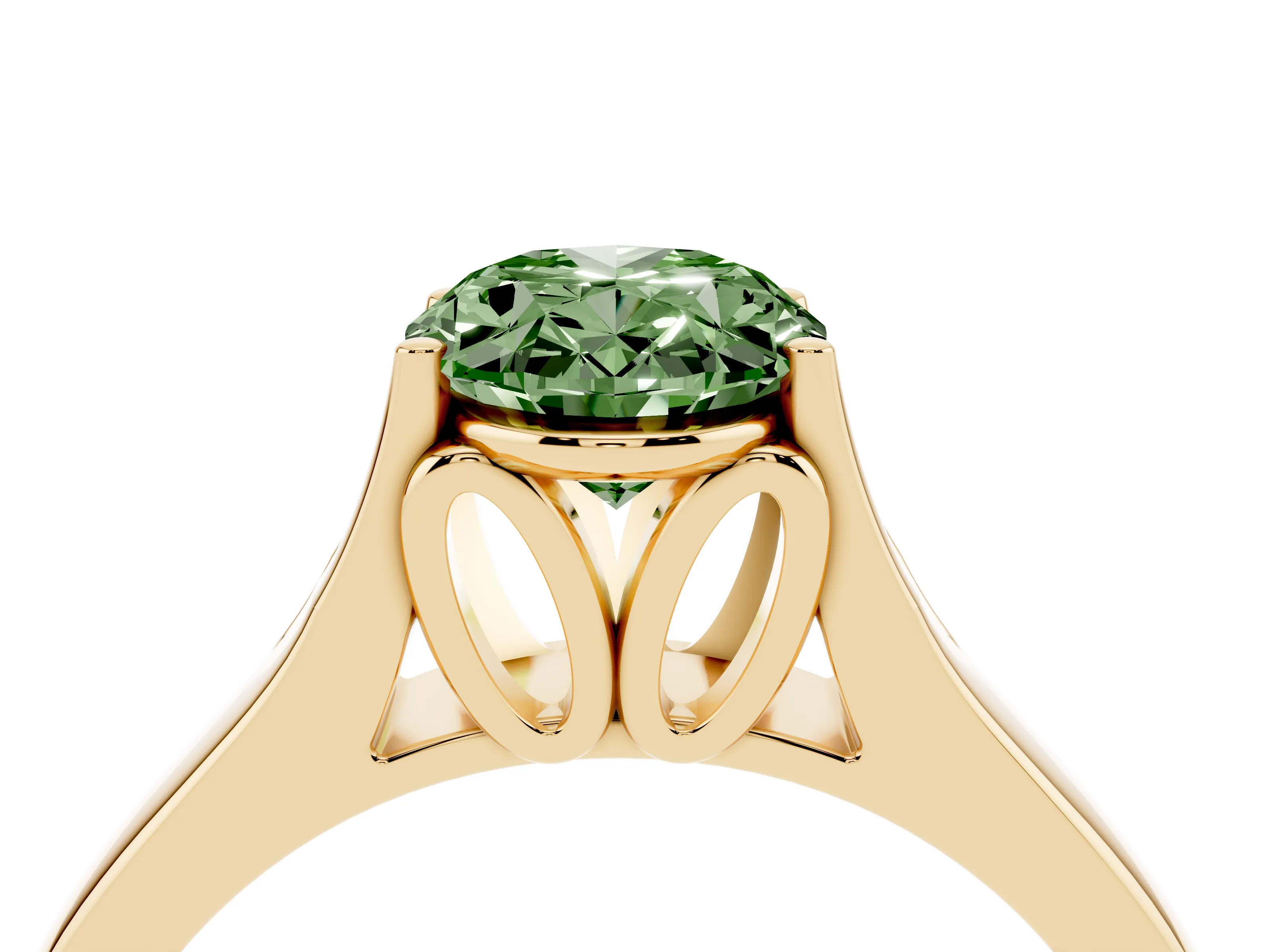 Fancy Green Oval Cut Diamond Solitaire Ring Set in Yellow gold with Arched Cathedral Band and Prong Setting