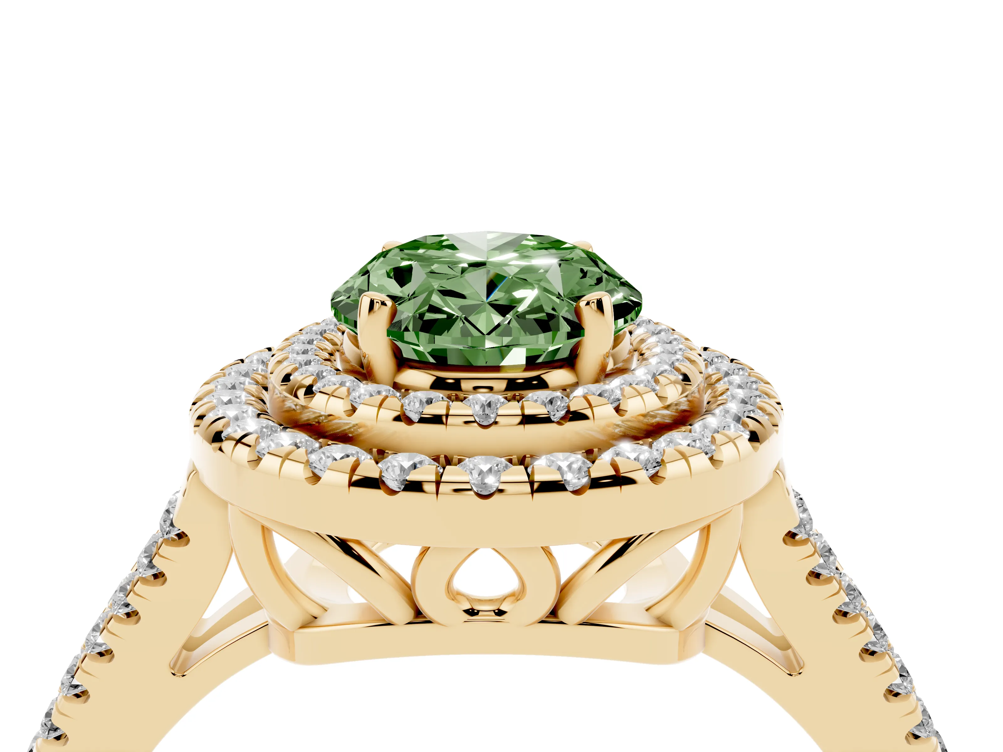 Fancy Green Oval Cut Diamond Double Halo Ring Set in Yellow gold with Pavé Band