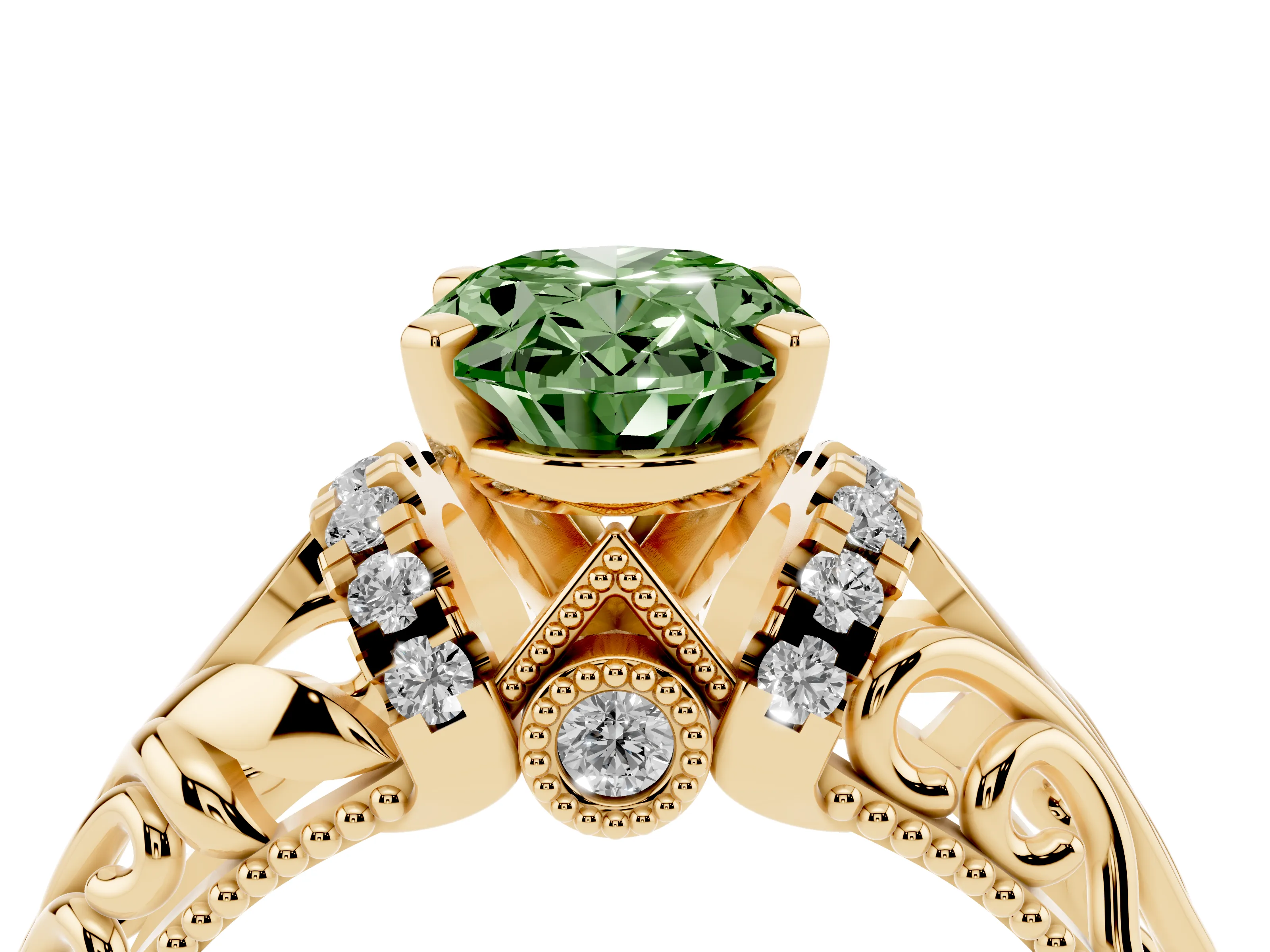 Fancy Green Oval Cut Diamond Filigree Halo Engagement Ring Set in Yellow gold with Prong Setting