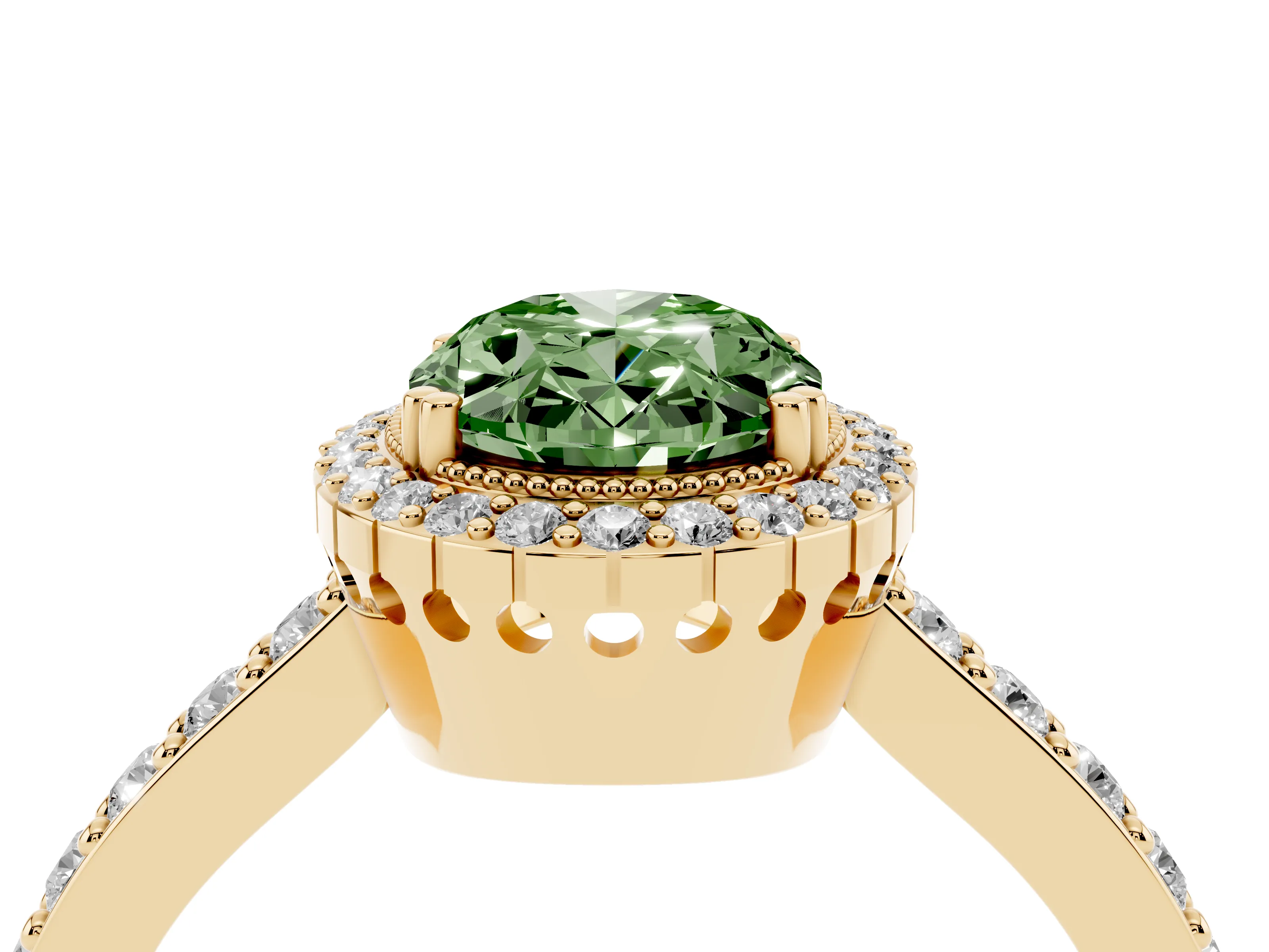 Fancy Green Oval Cut Diamond Halo Engagement Ring Set in Yellow gold with Milgrain Detail and Pavé Band