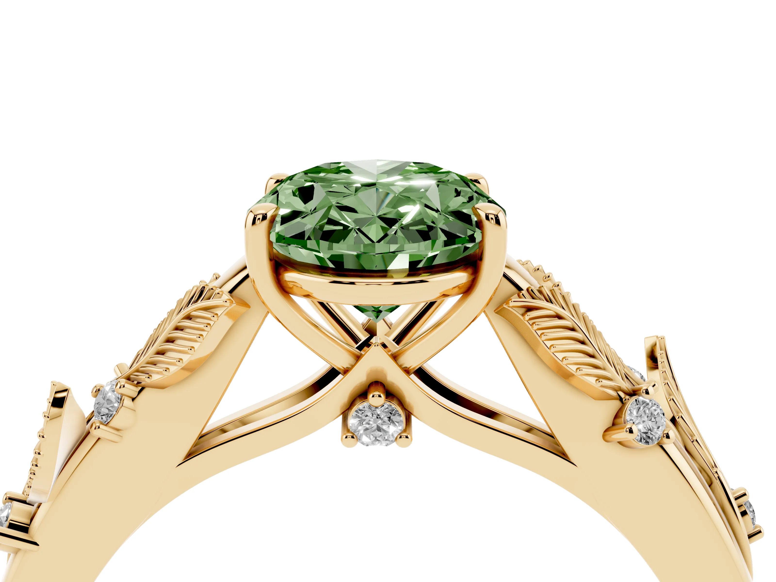 Fancy Green Oval Cut Diamond Solitaire Ring Set in Yellow gold with Leaf Motif Band